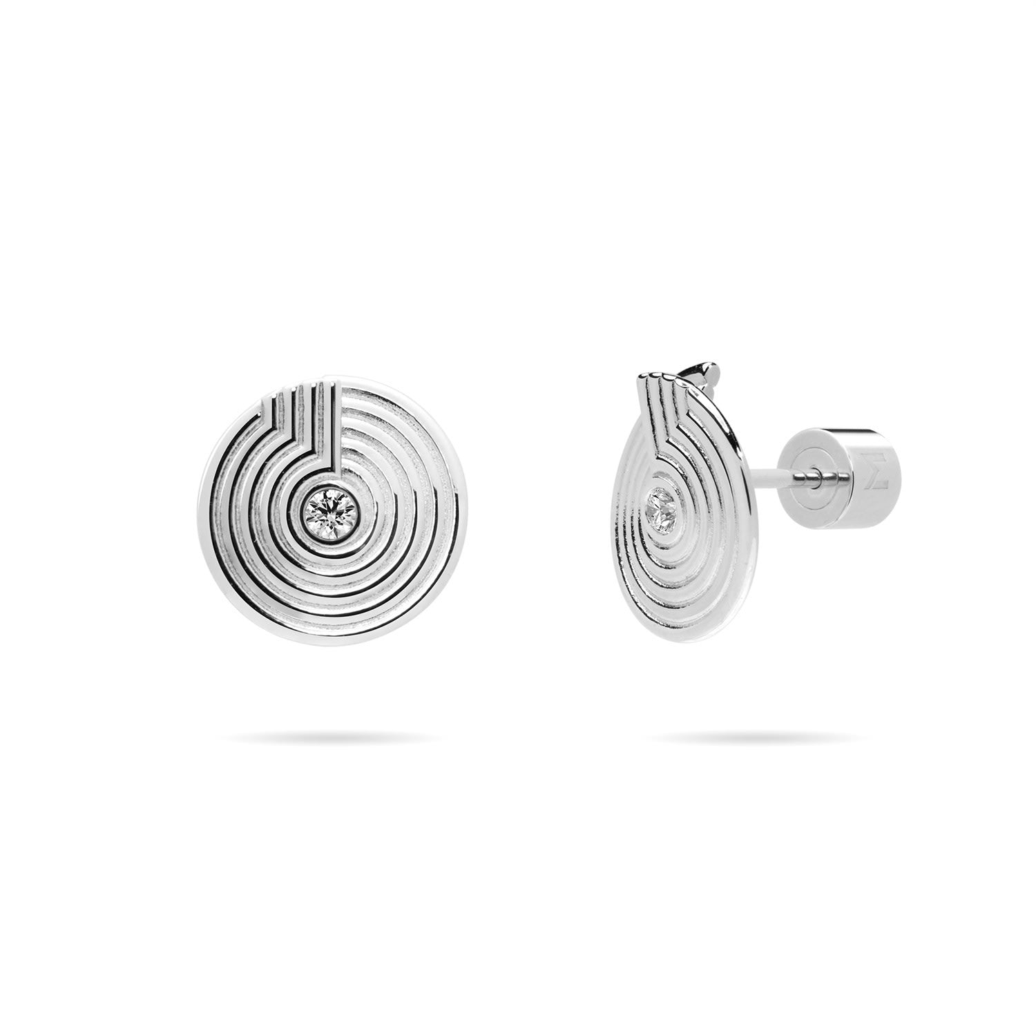 Open Twist Disc Stud Earrings With Engraved Circles And Cz - Silver