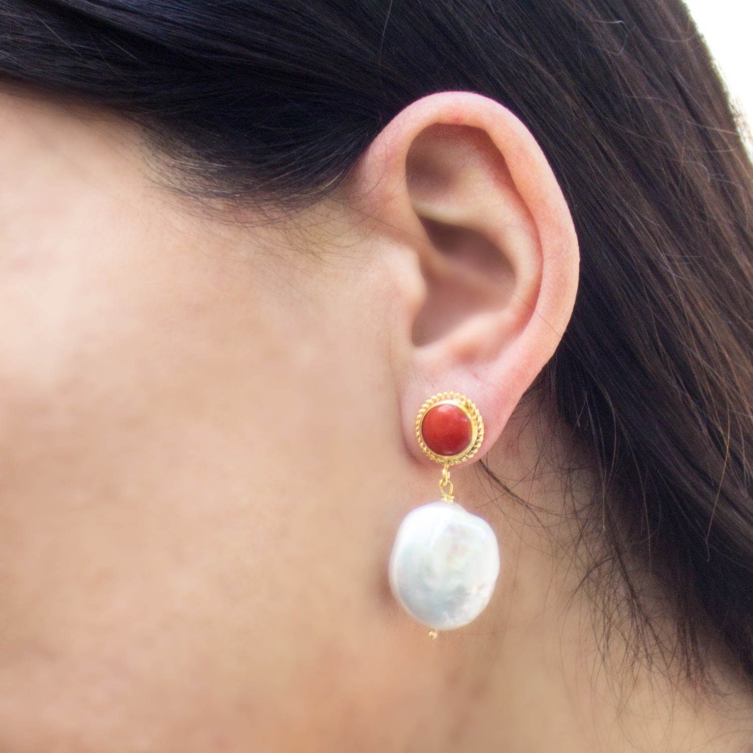 Red Coral & Keshi Pearl Earrings