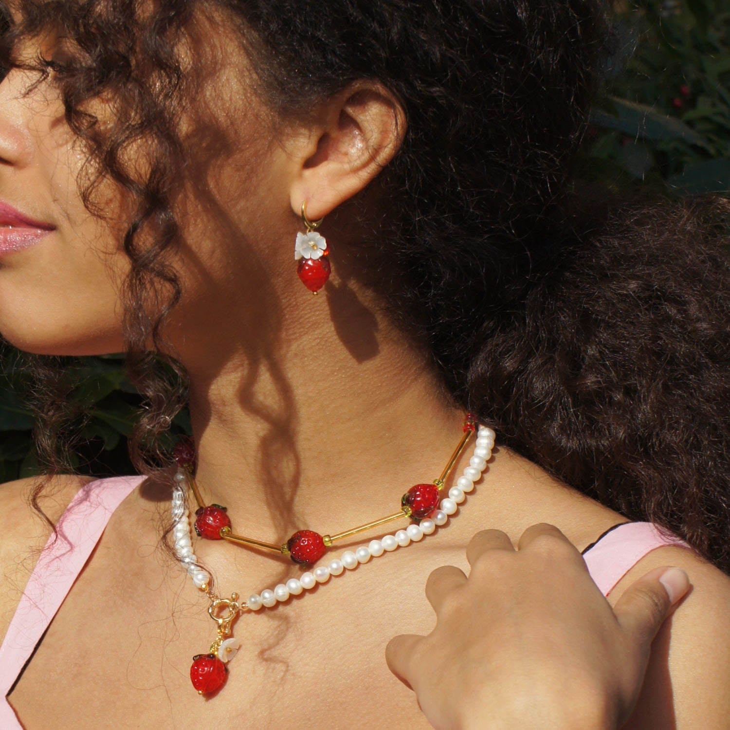 Strawberry And Mother Of Pearl Flower Drop Earrings