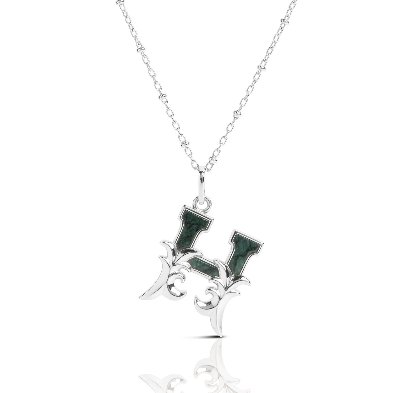 Solid Silver H Initial Necklace With Green Marble