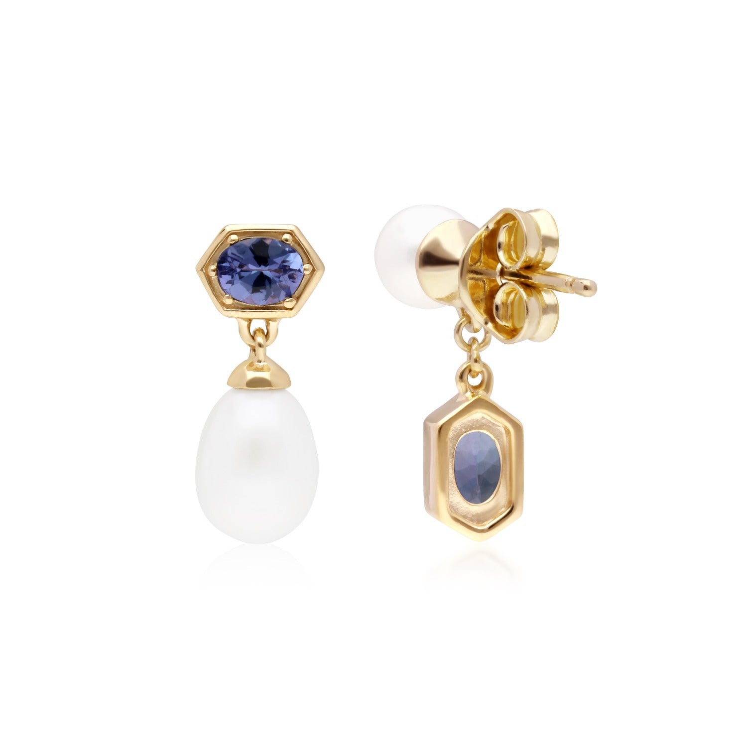 Modern Pearl Tanzanite Mismatched Drop Earrings