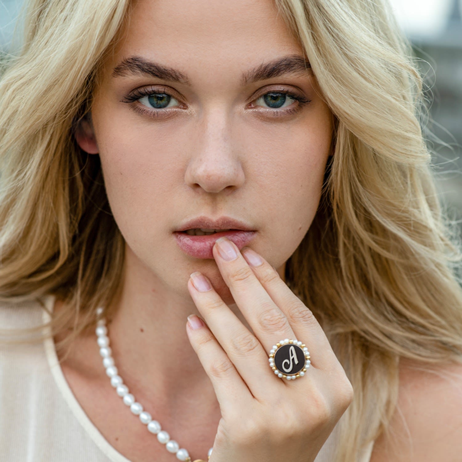 Black Initial A Cameo Ring With Pearls
