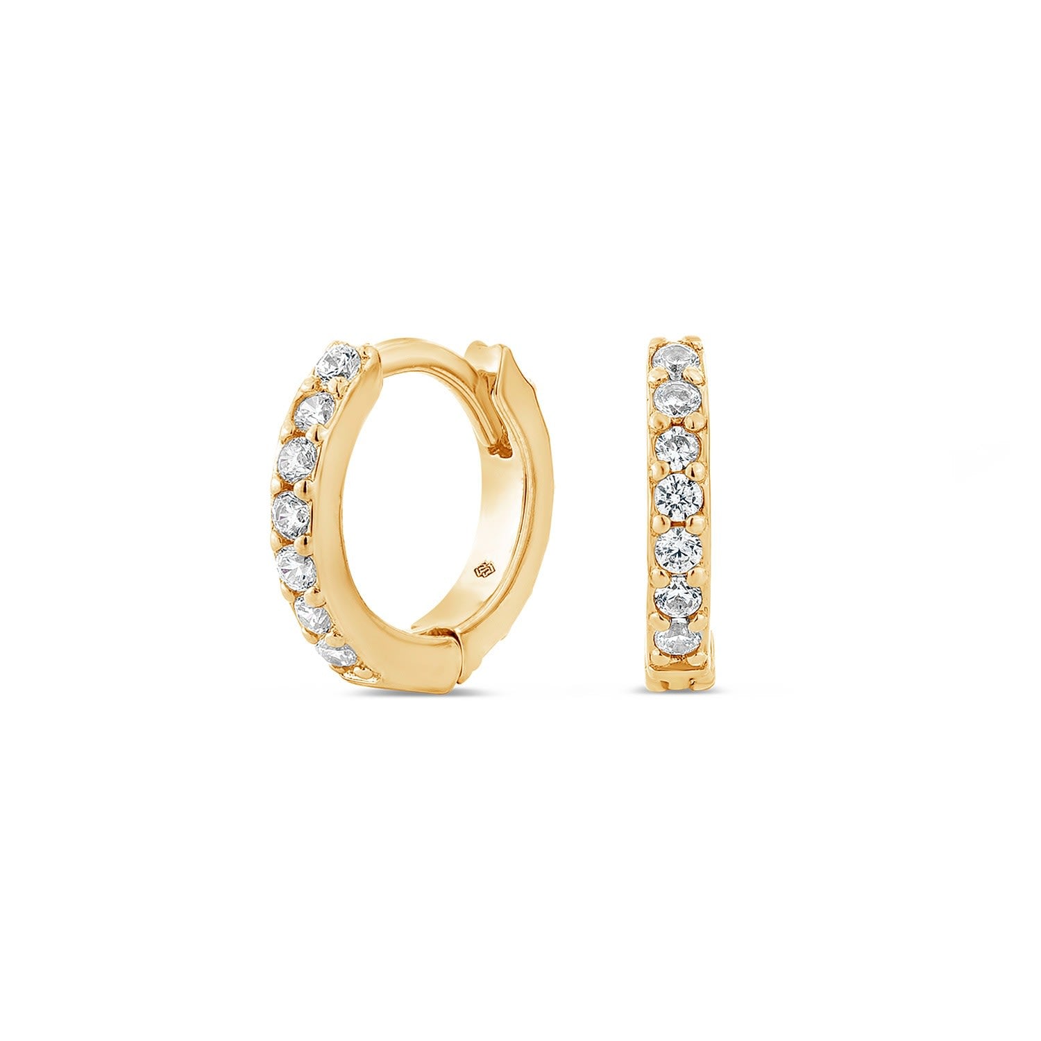 Light Huggie Earrings With Man Made White Cz Diamond Stimulant In Sterling Silver & 18K Gold Vermeil