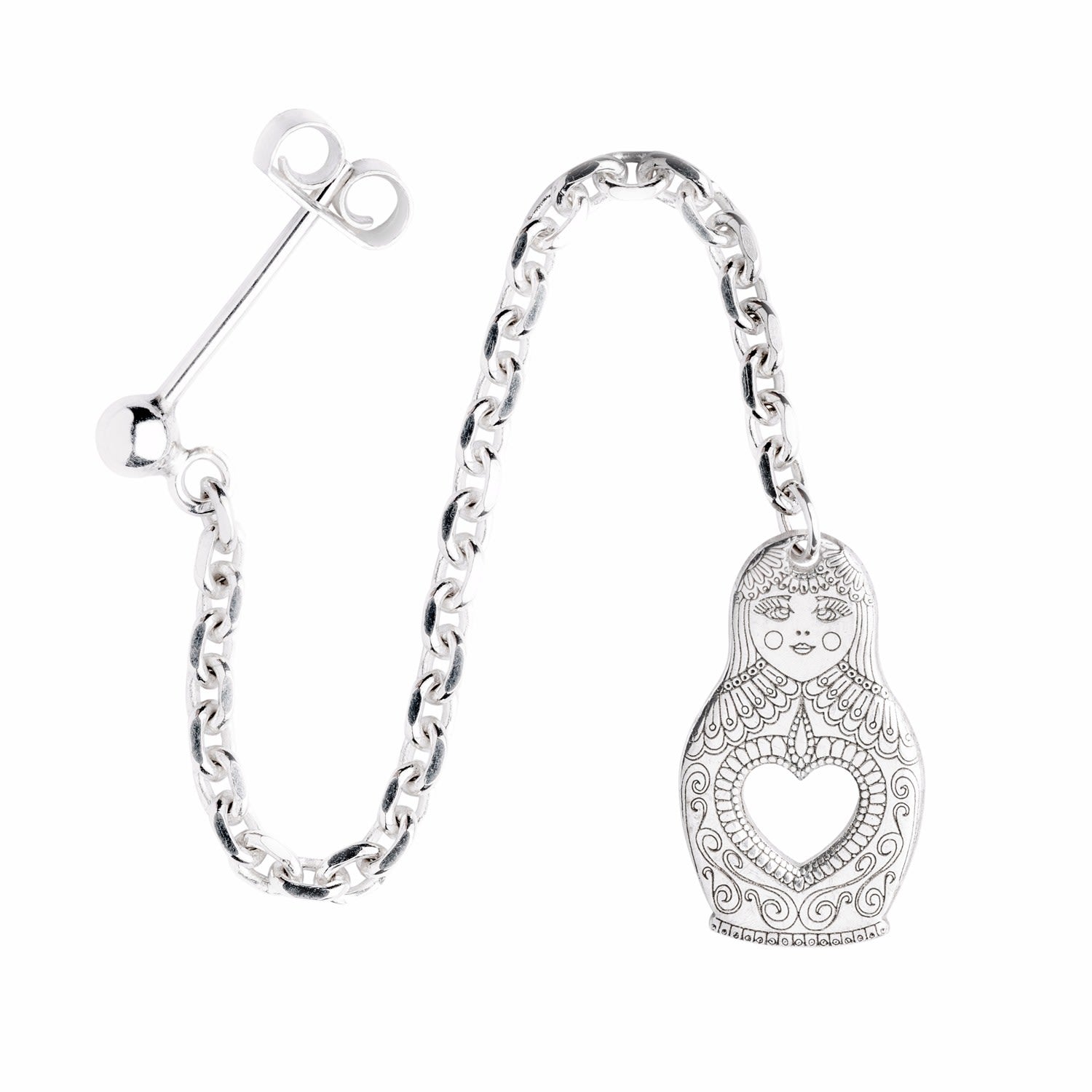 Silver Russian Doll Single Long Drop Earring