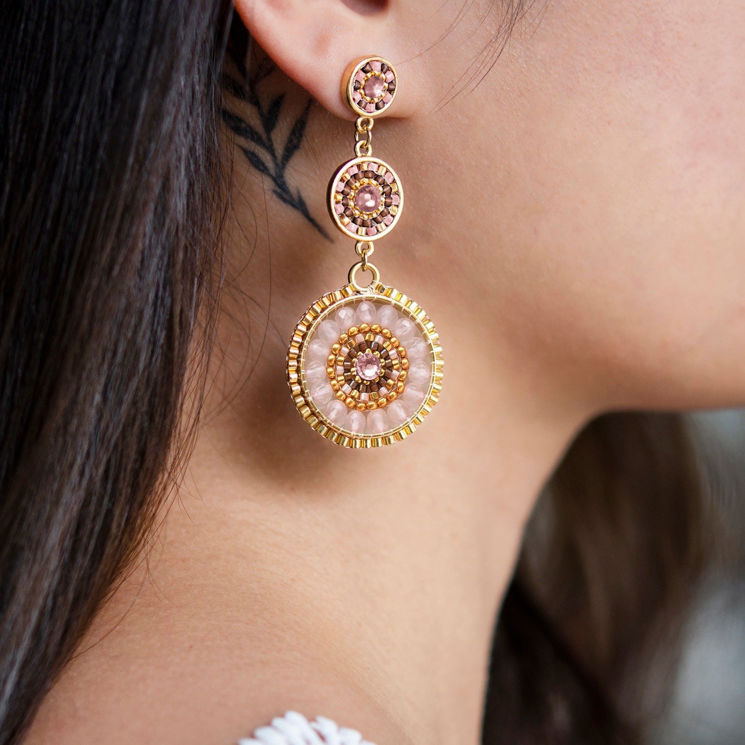 Luxe Triple Circle Statement Drop Earrings - Rose Quartz