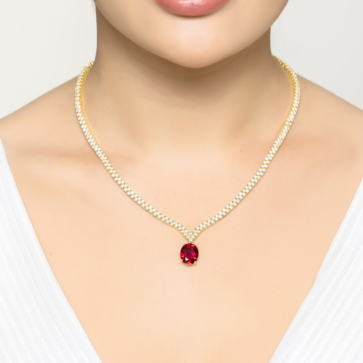 Garbo Oval Gemstone Tennis Necklace Ruby Gold