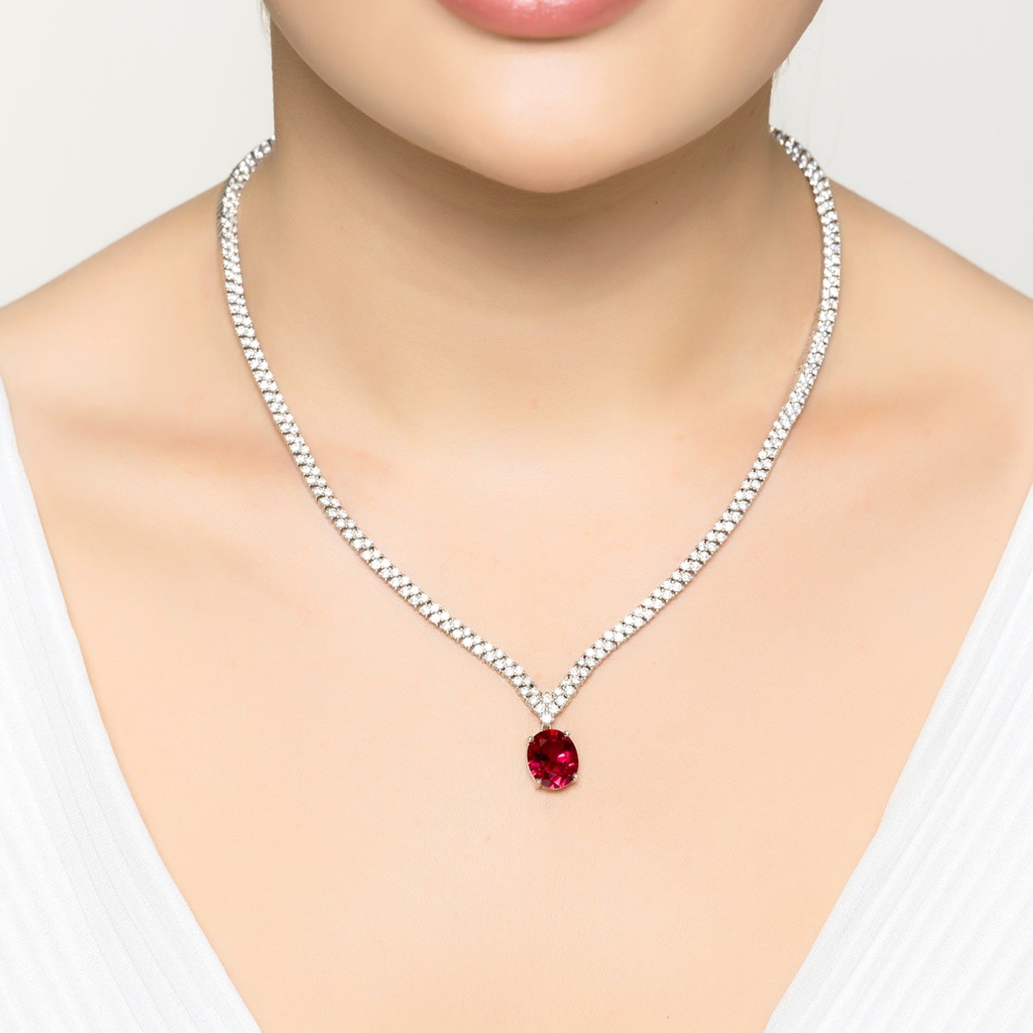 Garbo Oval Gemstone Tennis Necklace Ruby Silver