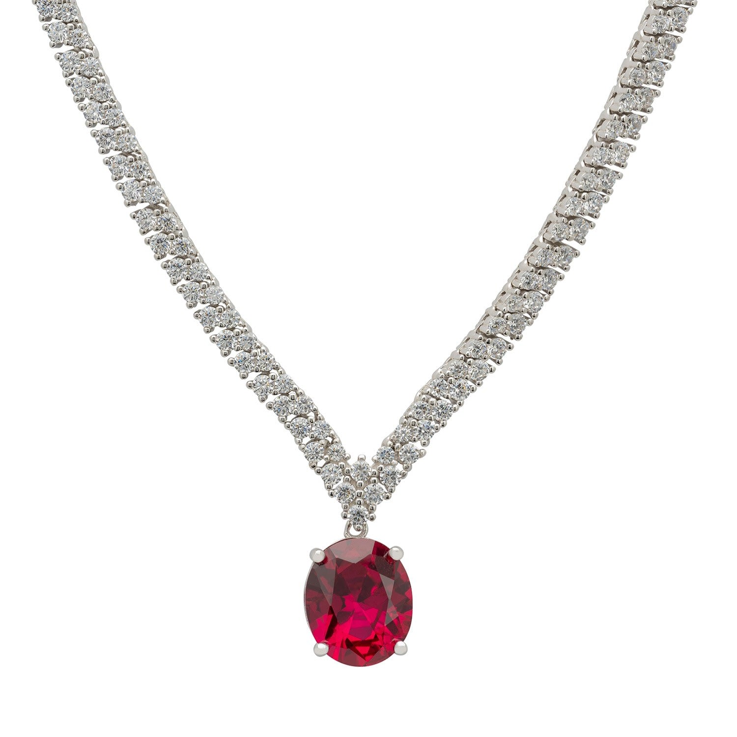 Garbo Oval Gemstone Tennis Necklace Ruby Silver