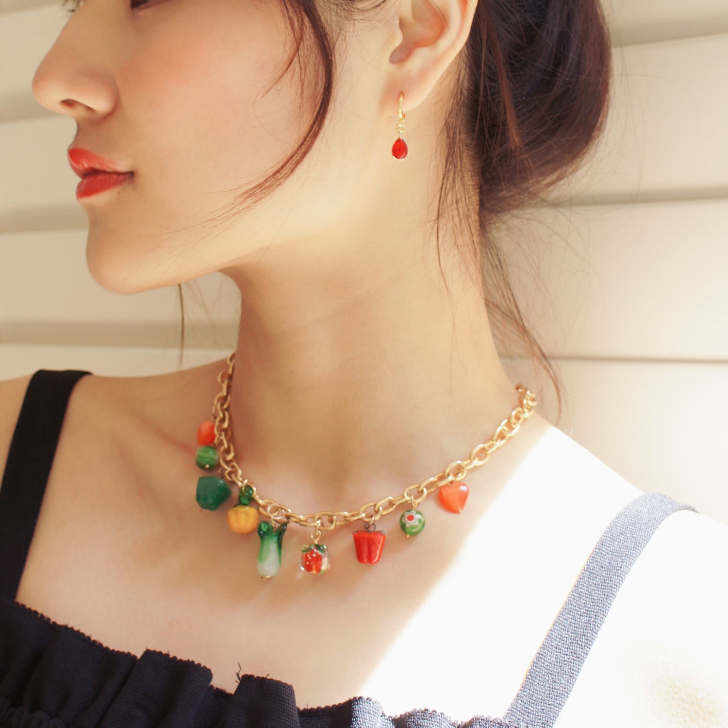 Garden Produce Glass Vegetable Charm Golden Chain Necklace