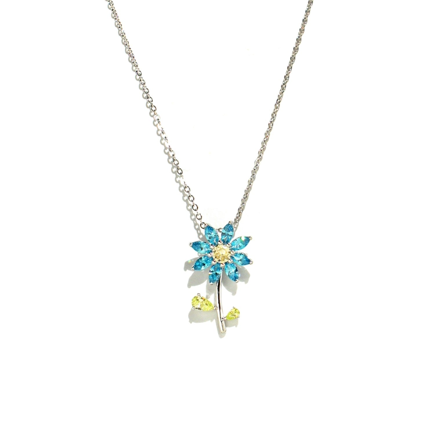 Garden Tales Crystal Daisy Sterling Silver Pendant Necklace, Aqua Blue