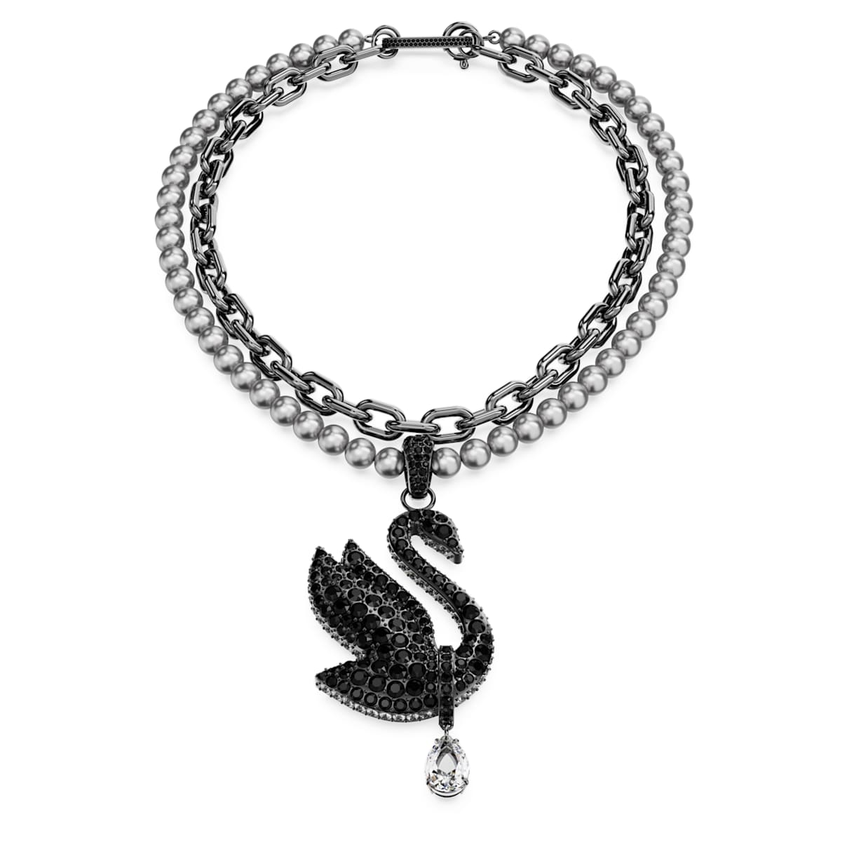 SWAN CHOKER AND BROOCH CRYSTAL PEARL SWAN BLACK RUTHENIUM PLATED