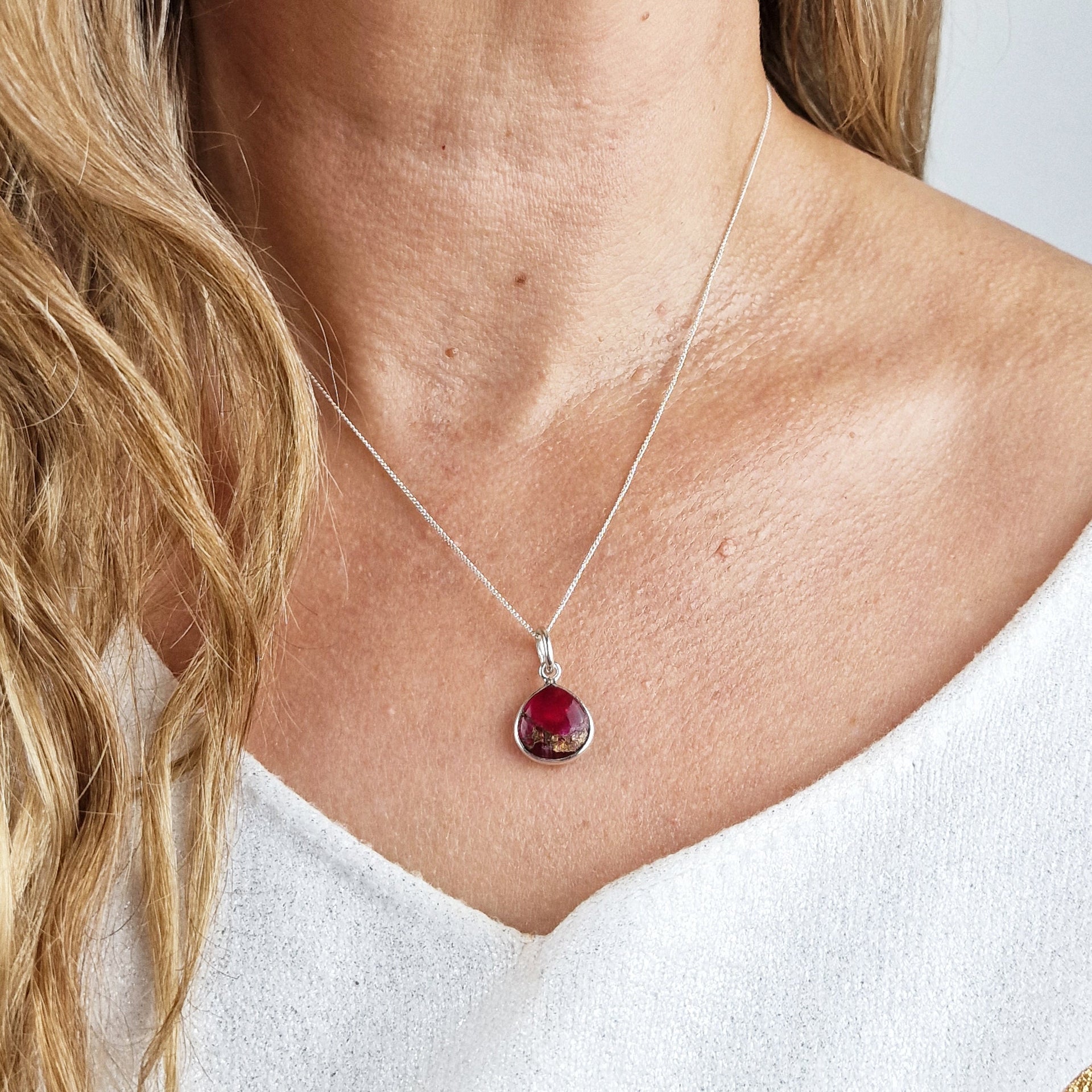 Natural Red Garnet January Birthstone Sterling Silver Necklace