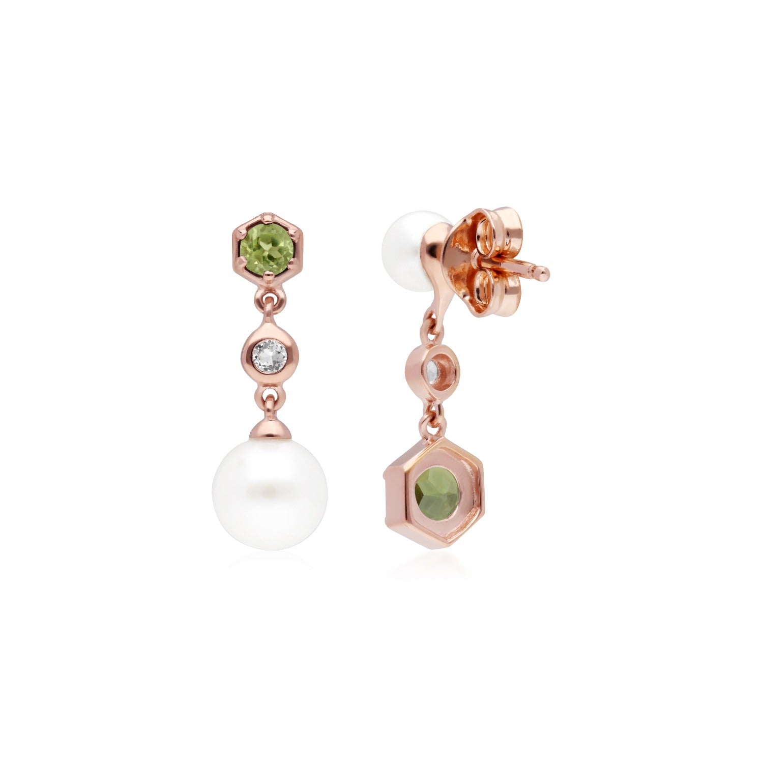 Mismatched Peridot Topaz Pearl Dangle Earrings Rose Gold Plated