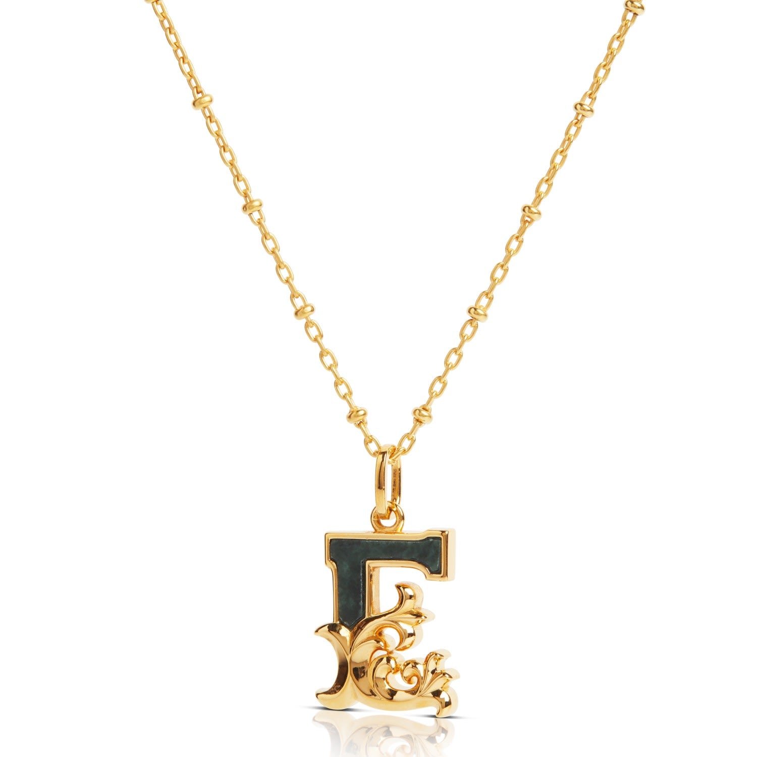 Gold Plated E Initial Necklace With Green Marble