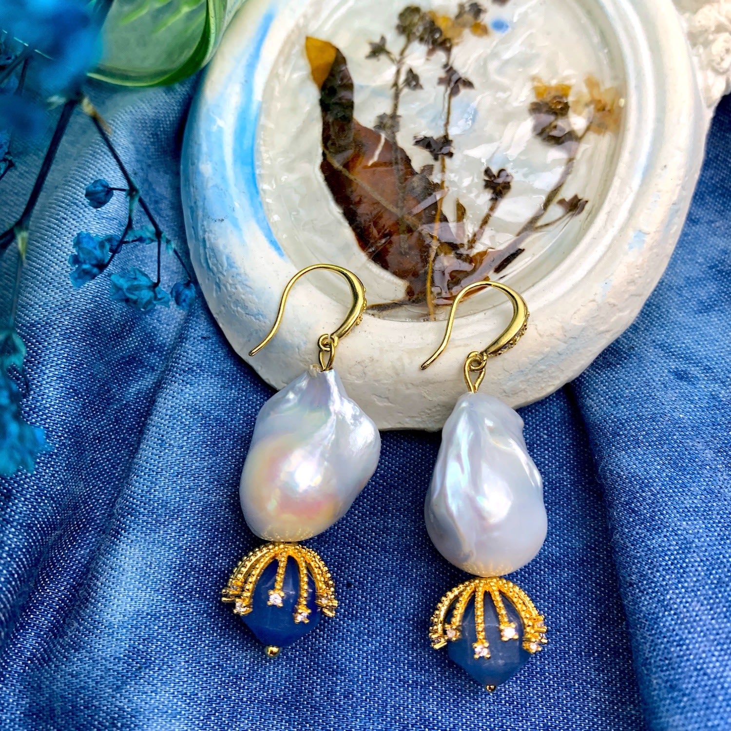 Baroque Pearl With Lapis Dangle Earrings