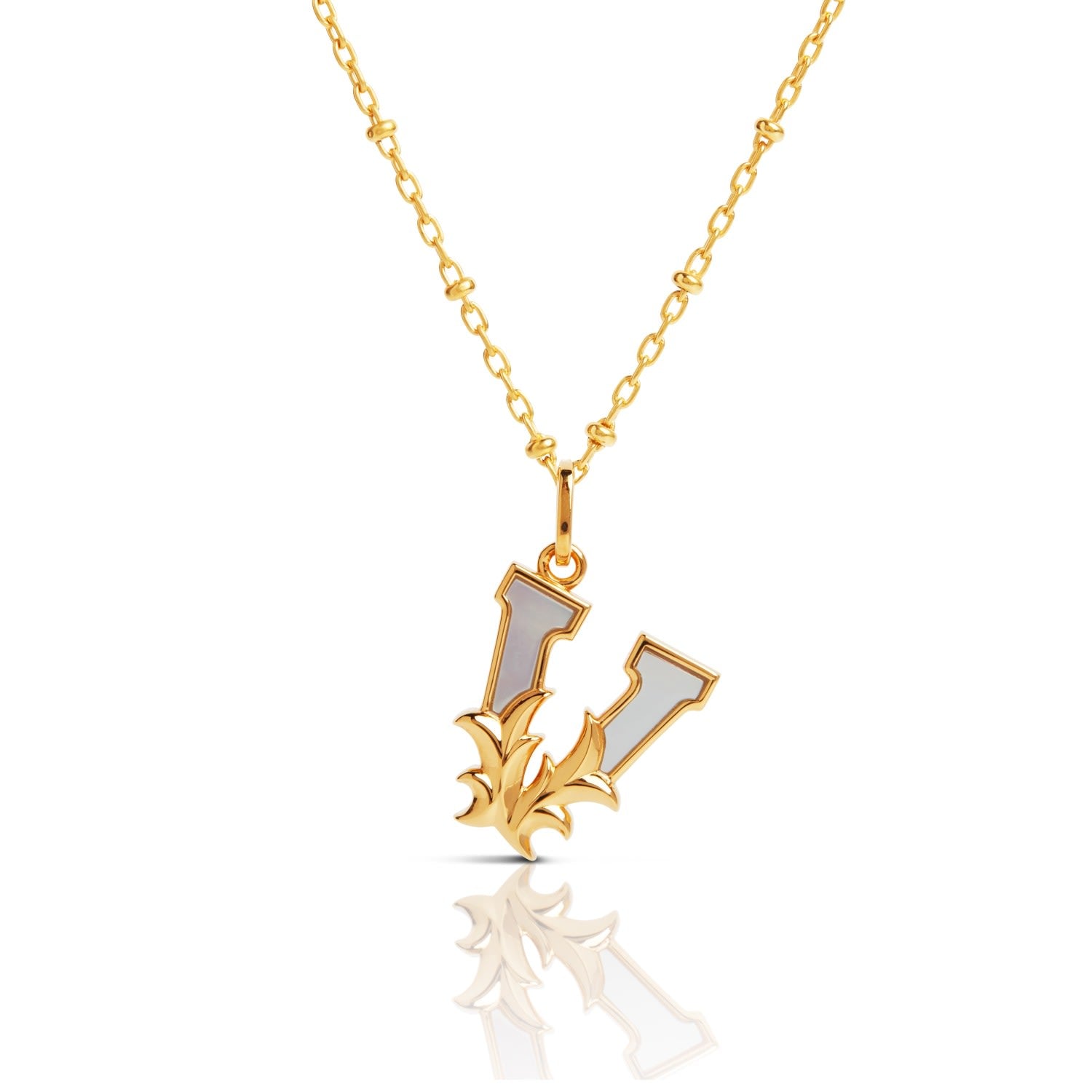 Gold Plated V Initial Necklace With Mother Of Pearl