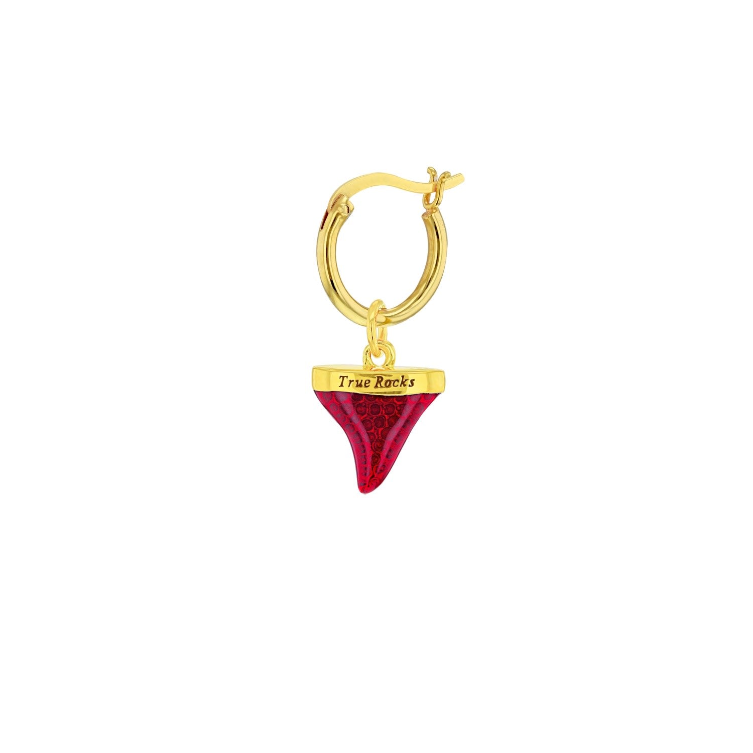 18Kt Gold Plated & Red Mini Sharks Tooth Charm On Gold Hoop Earring