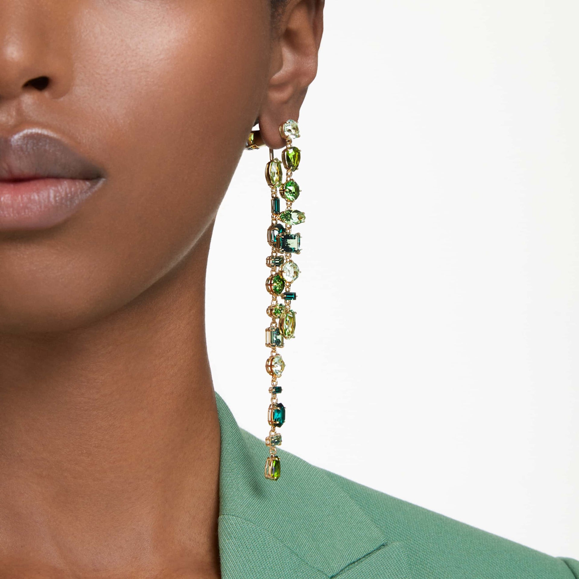 GEMA DROP EARRINGS ASYMMETRICAL DESIGN MIXED CUTS EXTRA LONG GREEN GOLD TONE PLATED