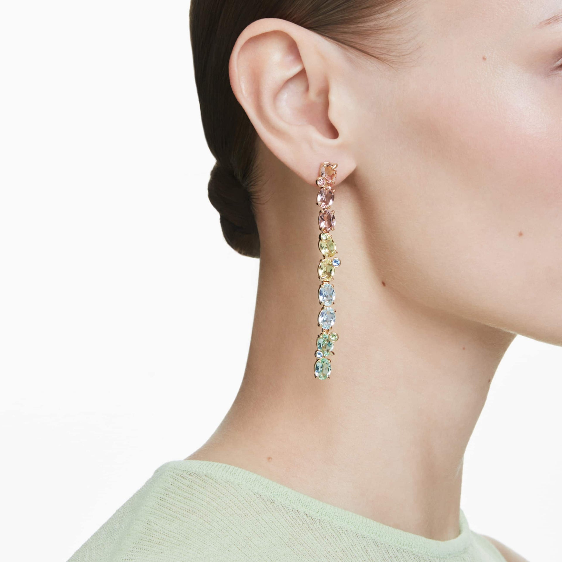GEMA DROP EARRINGS ASYMMETRICAL DESIGN MIXED CUTS LONG MULTICOLORED GOLD TONE PLATED
