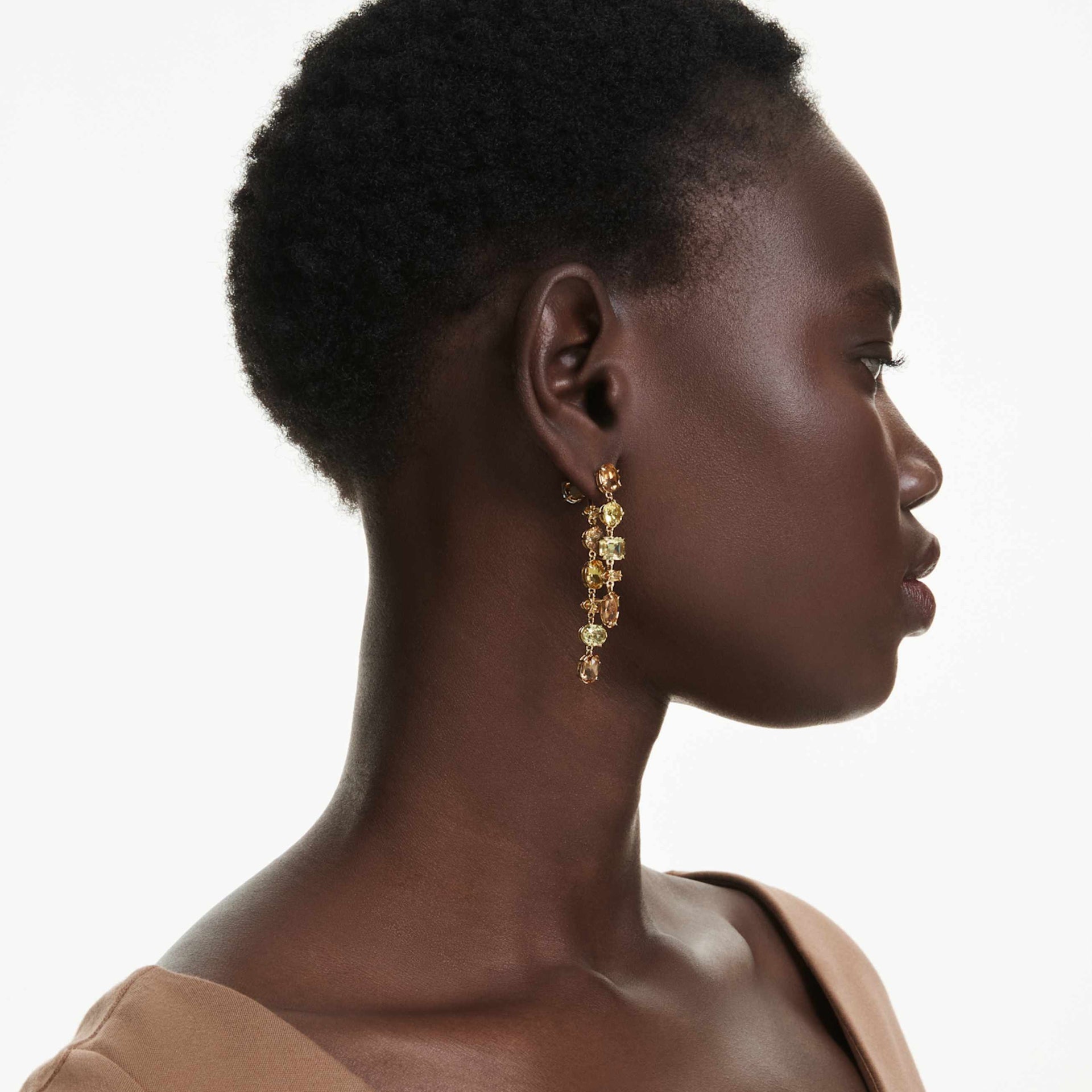 GEMA DROP EARRINGS ASYMMETRICAL DESIGN MIXED CUTS LONG YELLOW GOLD TONE PLATED