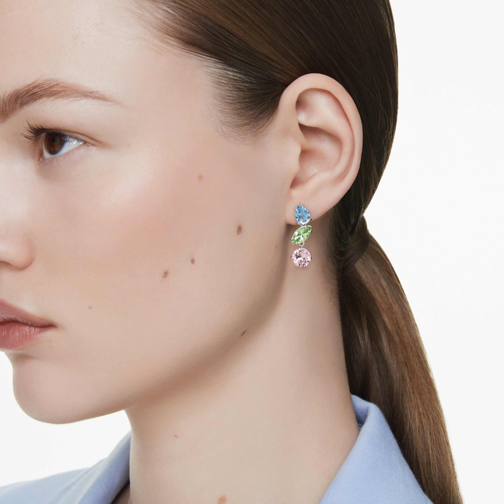 GEMA DROP EARRINGS ASYMMETRICAL DESIGN MIXED CUTS MULTICOLORED RHODIUM PLATED
