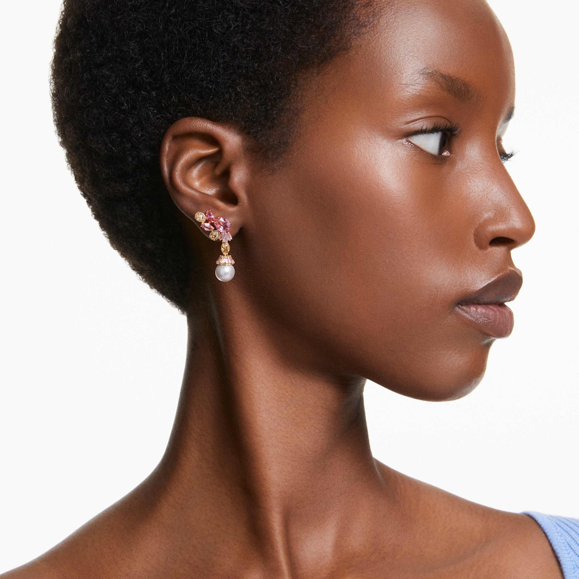 GEMA DROP EARRINGS MIXED CUTS CRYSTAL PEARLS FLOWER PINK GOLD TONE PLATED