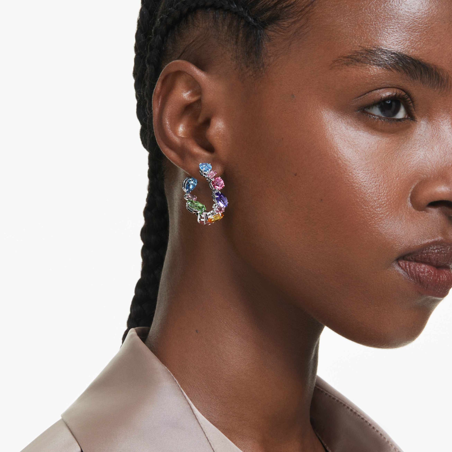 GEMA HOOP EARRINGS ASYMMETRICAL DESIGN MIXED CUTS SMALL MULTICOLORED RHODIUM PLATED