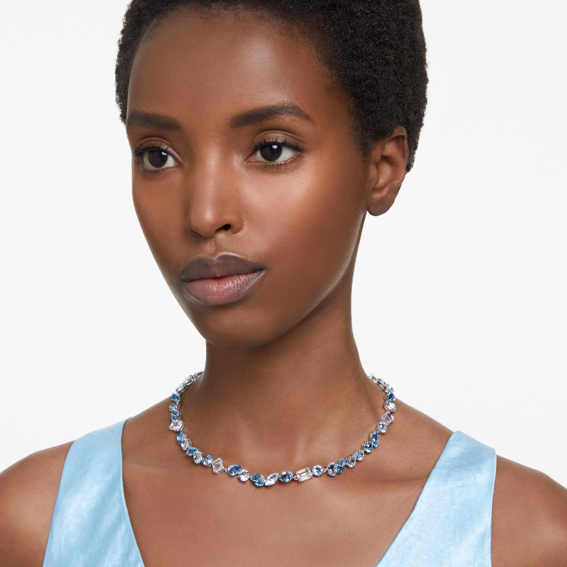 GEMA NECKLACE MIXED CUTS BLUE RHODIUM PLATED