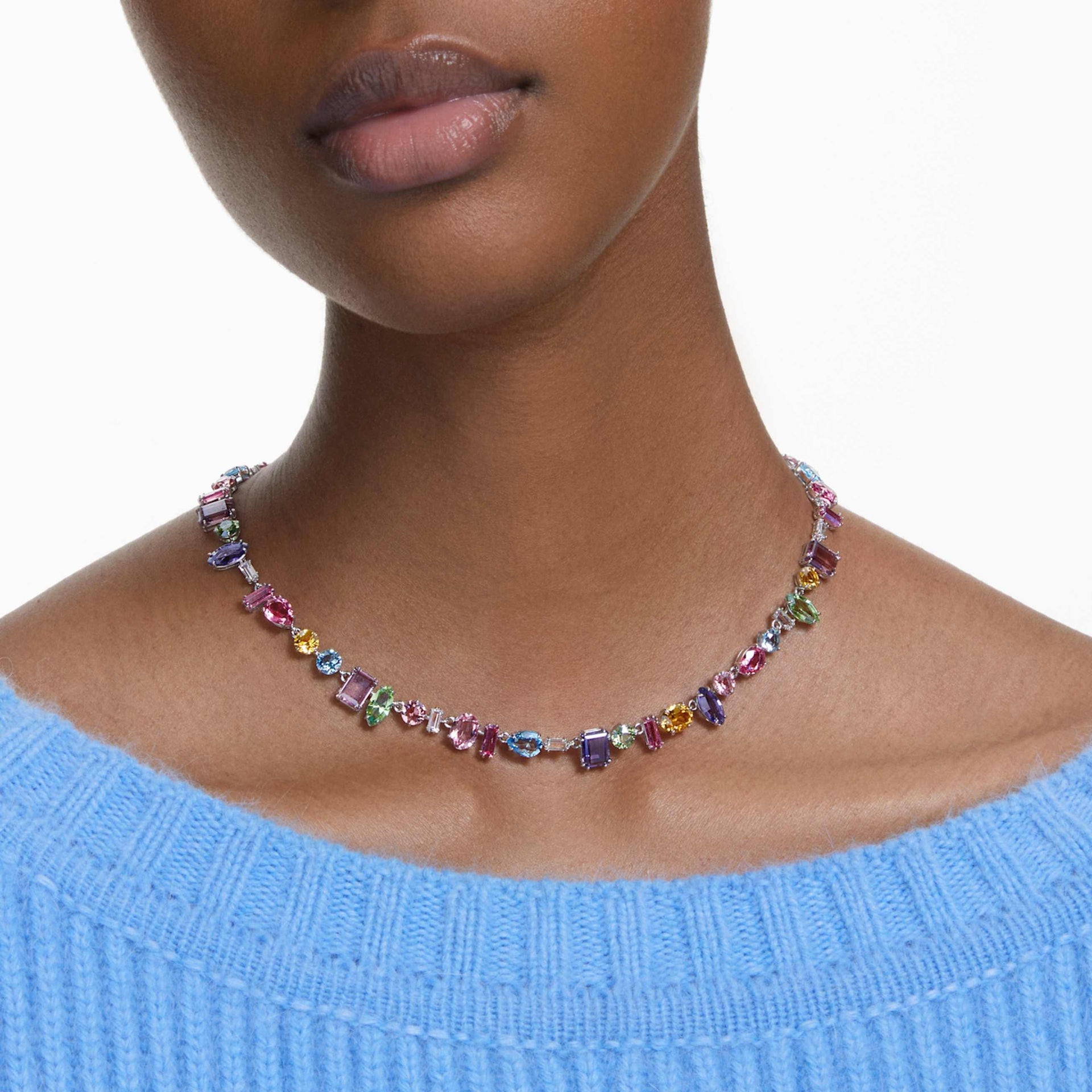 GEMA NECKLACE MIXED CUTS MULTICOLORED RHODIUM PLATED