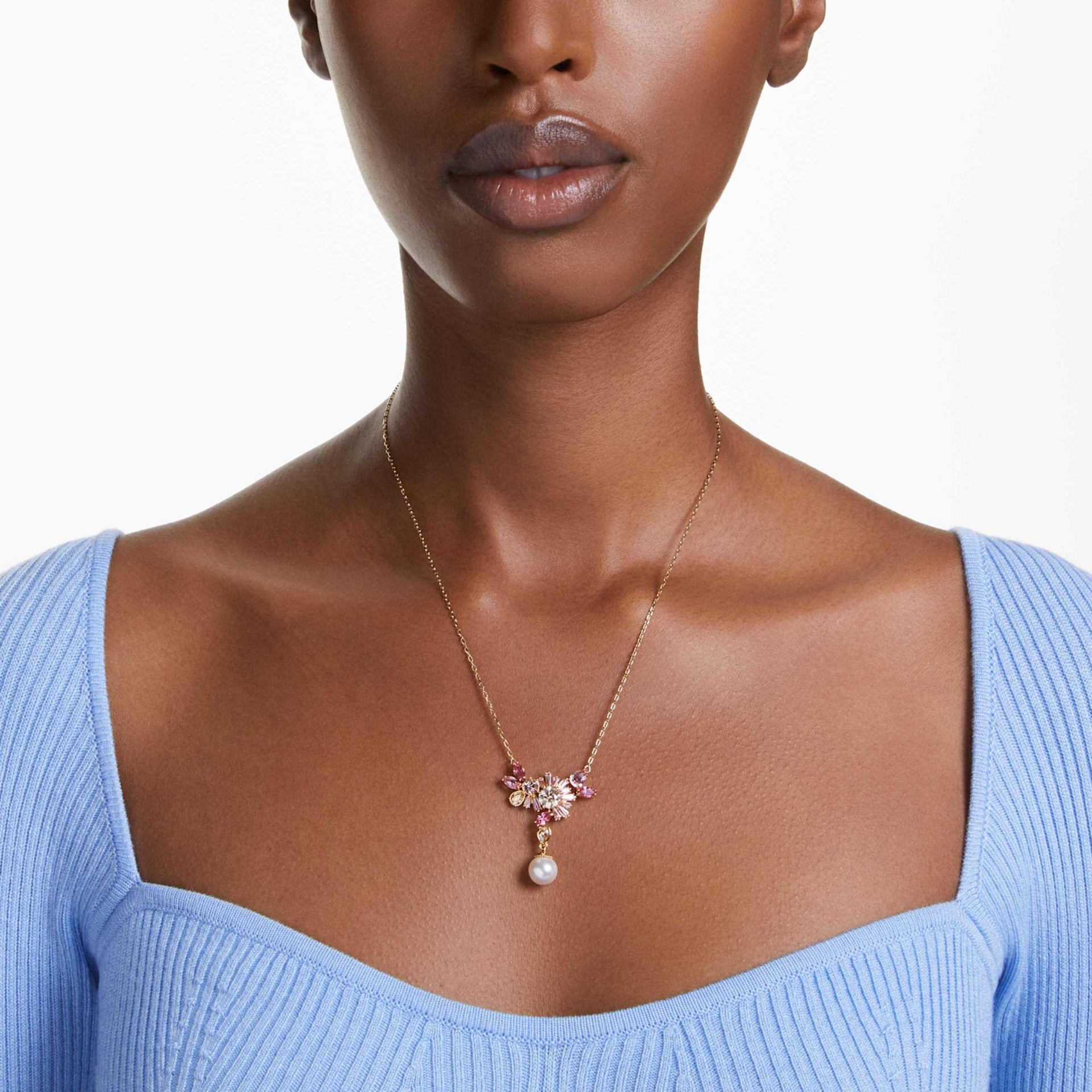 GEMA PENDANT MIXED CUTS CRYSTAL PEARL FLOWER PINK GOLD TONE PLATED