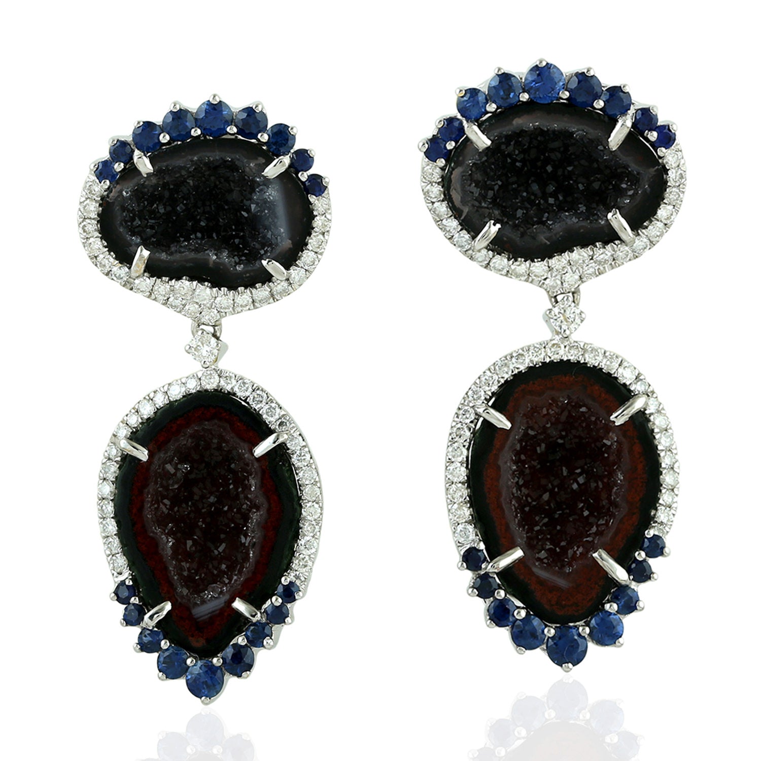 Geode & Blue Sapphire Pave Diamond Dangle Earrings In 18K White Gold