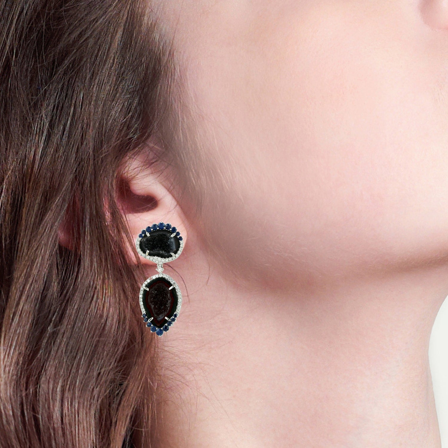 Geode & Blue Sapphire Pave Diamond Dangle Earrings In 18K White Gold