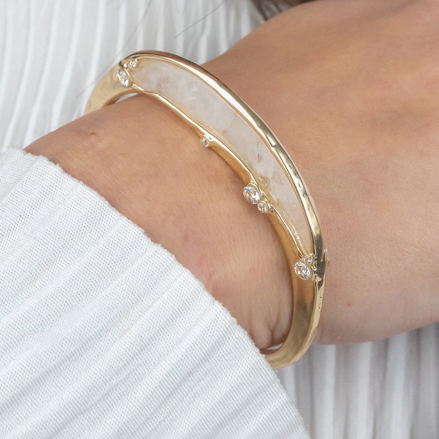 Gemstone Inlay Bangle Cuff - Clear Quartz