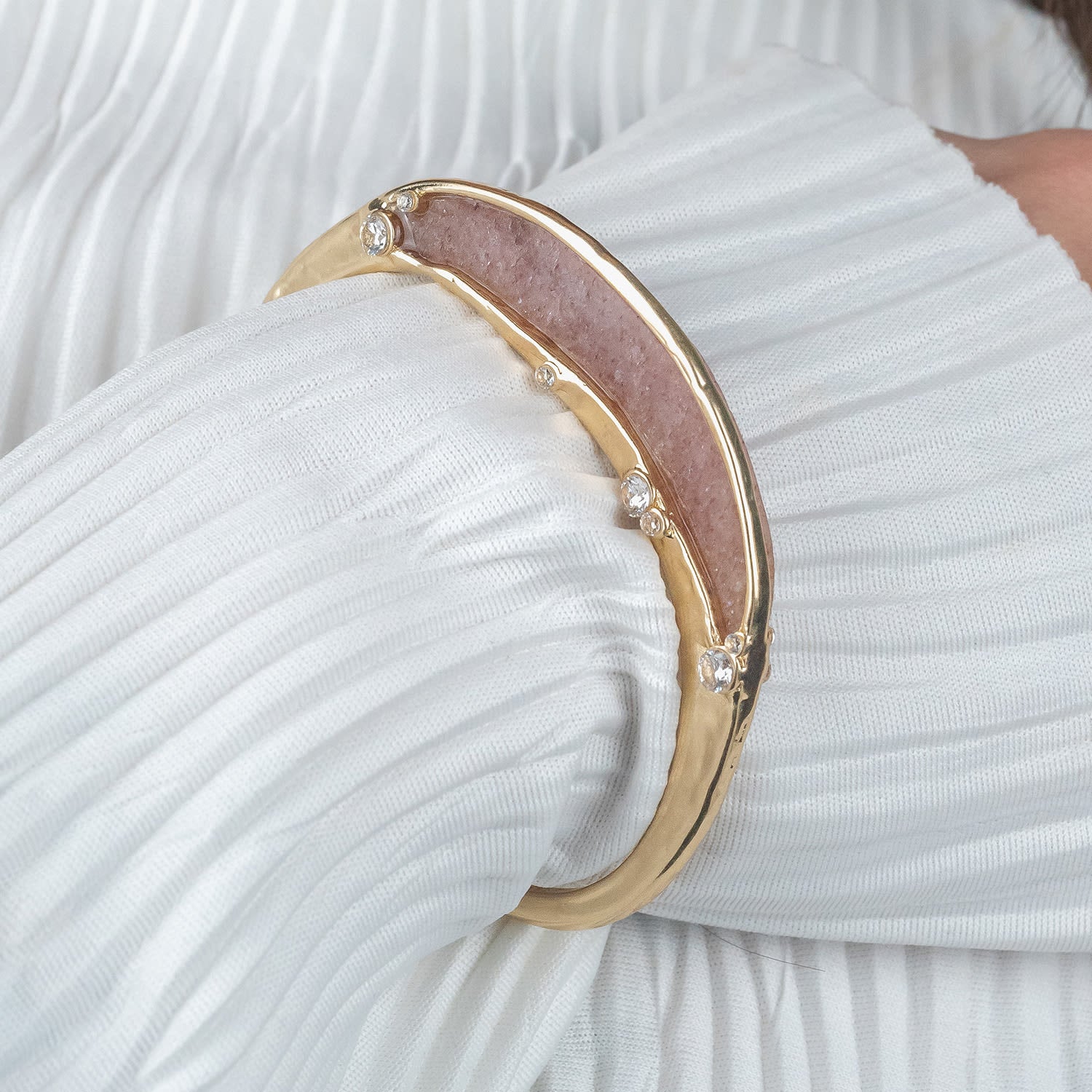 Gemstone Inlay Bangle Cuff - Strawberry Quartz