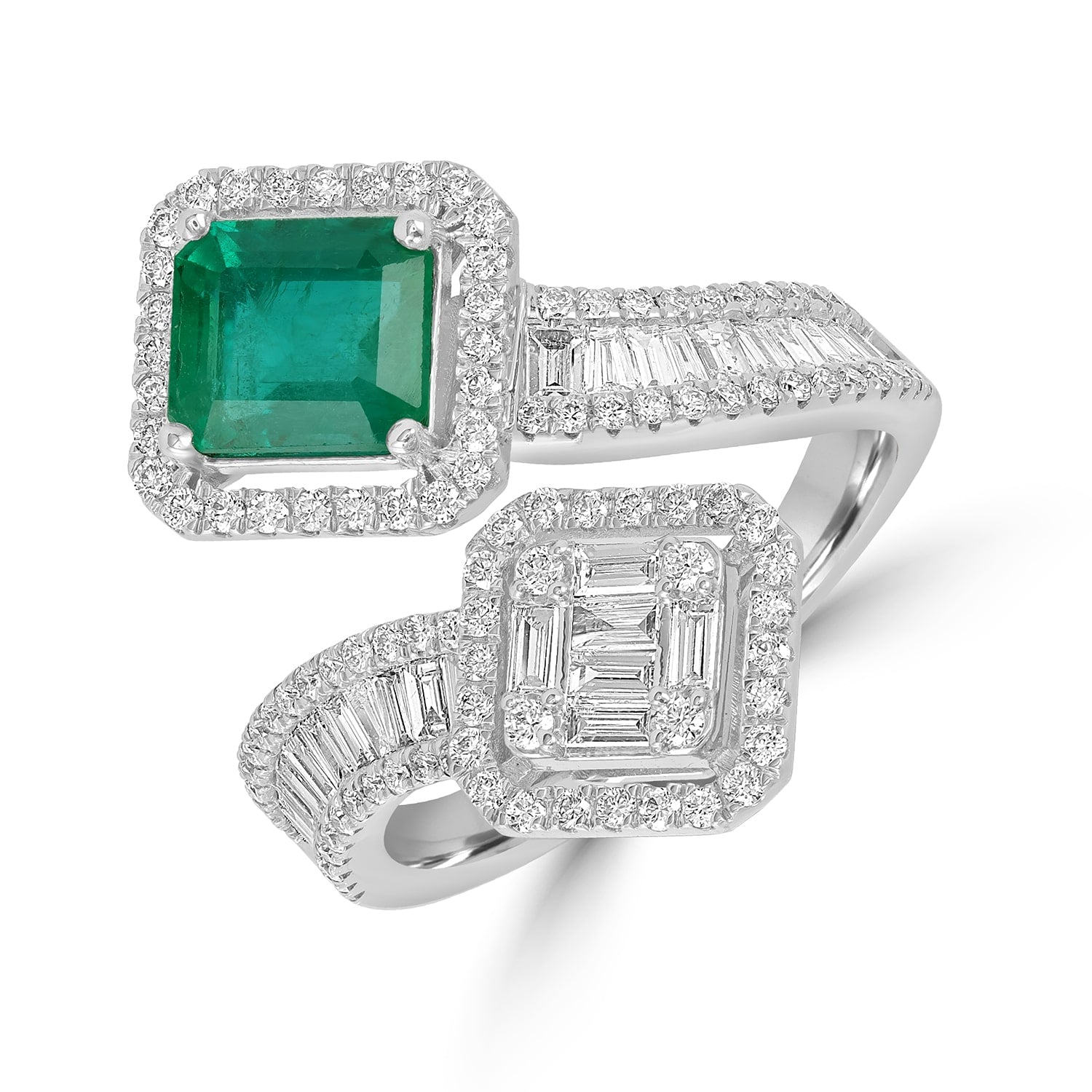 Genuine Emerald & Diamond Designer Bypass Ring In White Gold