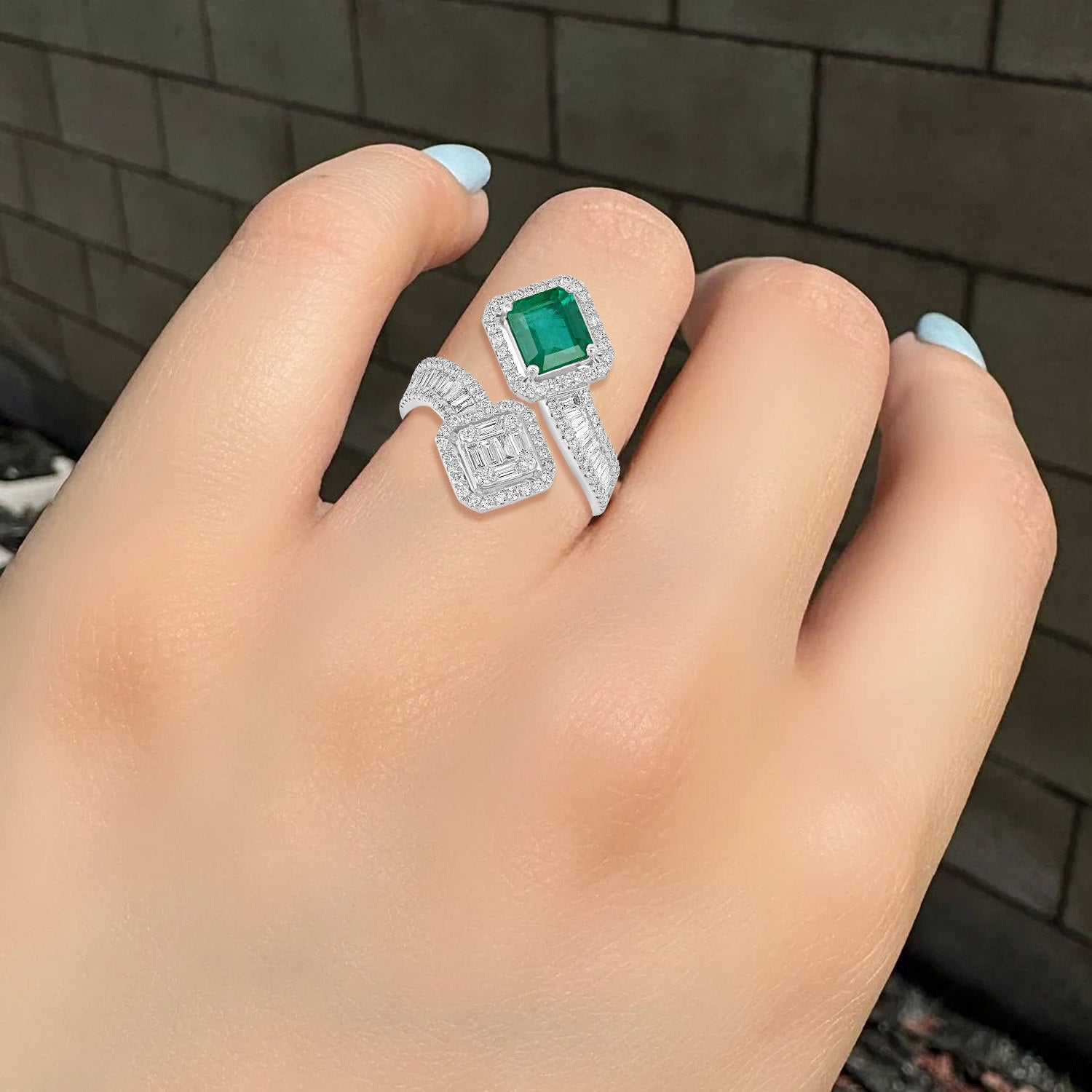 Genuine Emerald & Diamond Designer Bypass Ring In White Gold