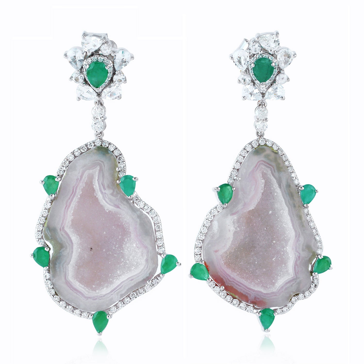 Geode, Emerald & White Sapphire Dangle Earrings With Pave Diamonds In White Gold