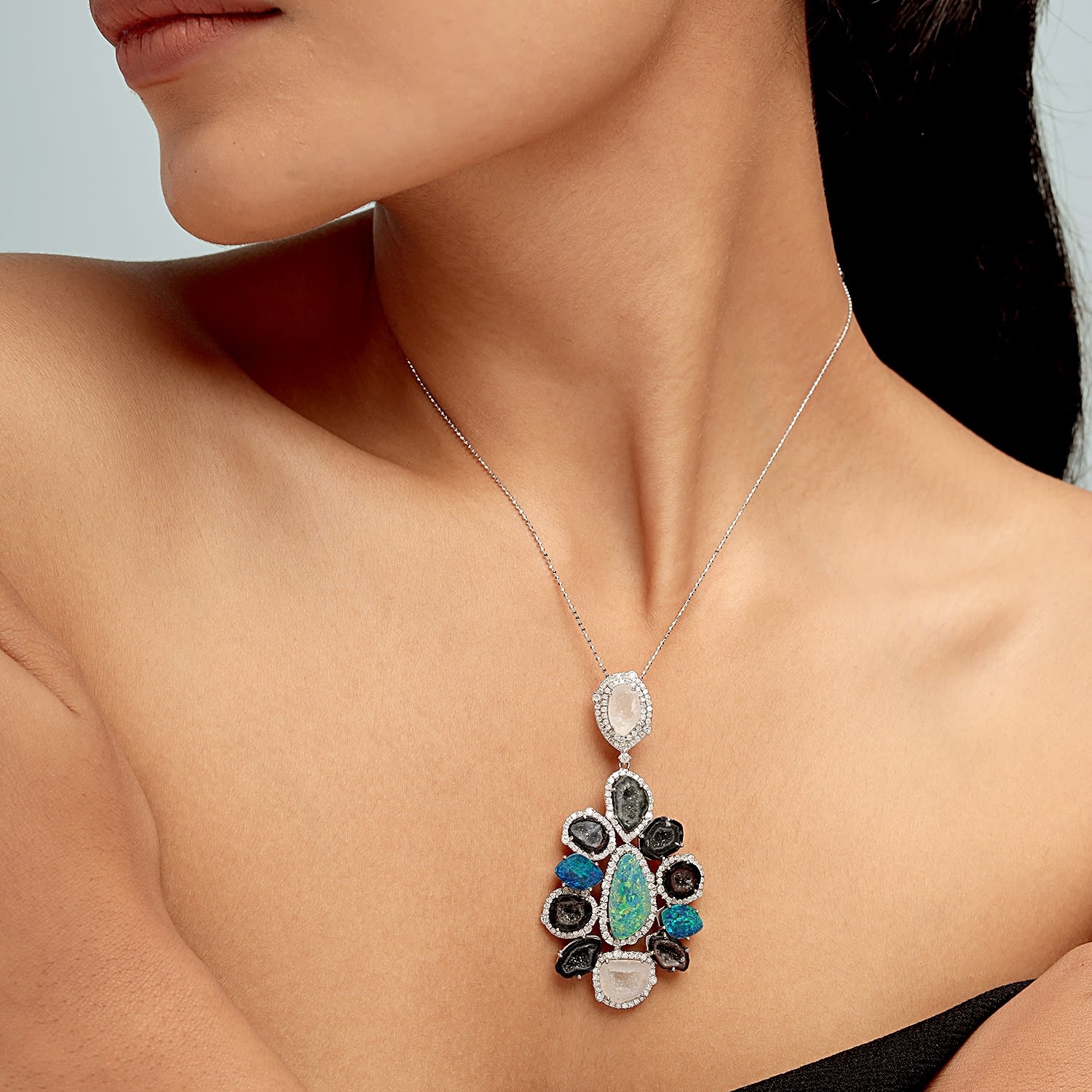 Geode & Opal Doublet Gemstone Pave Diamond Pendant In White Gold