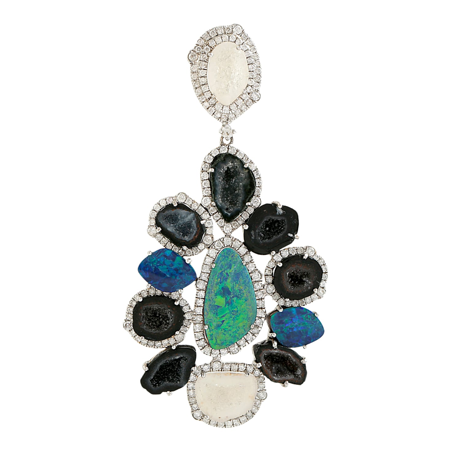 Geode & Opal Doublet Gemstone Pave Diamond Pendant In White Gold