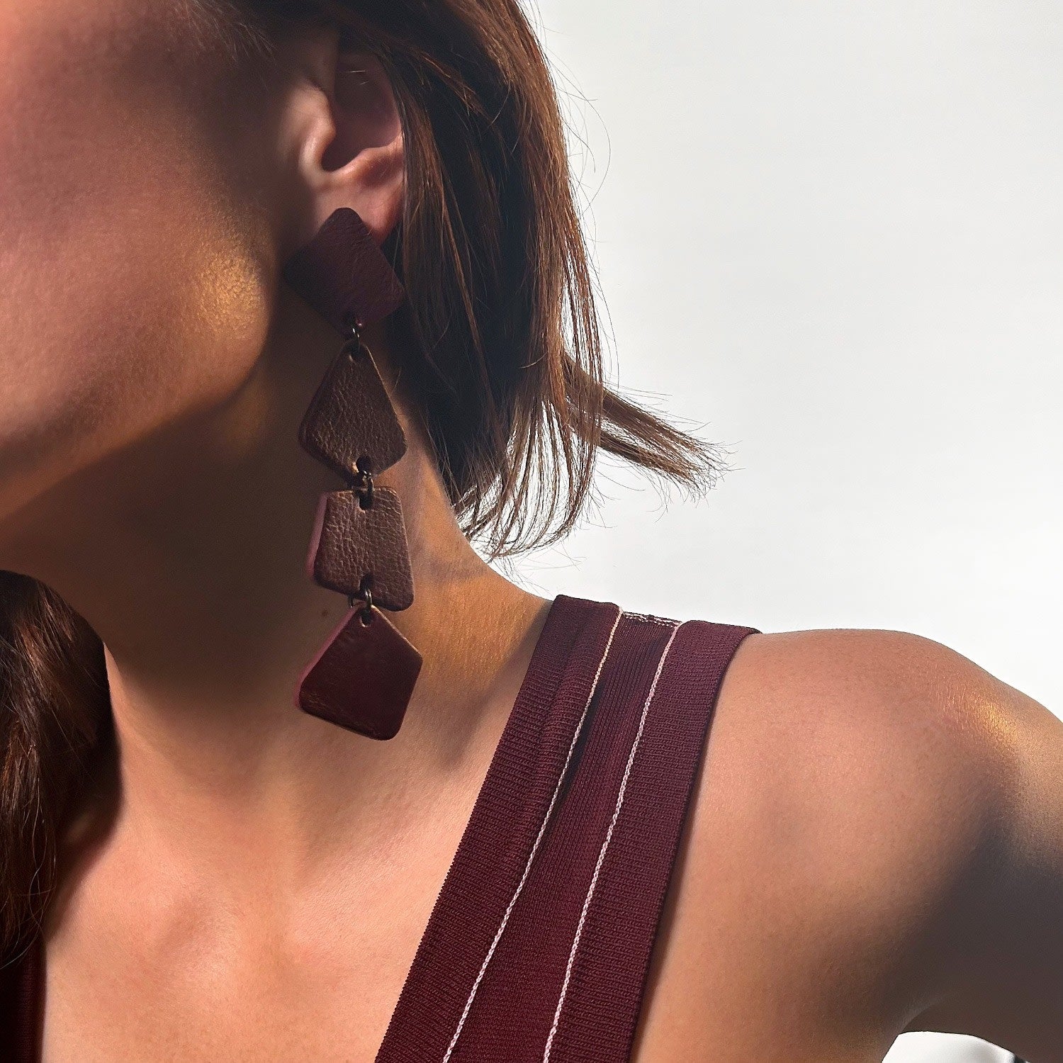 Geometric Cascade Leather Earrings Burgundy