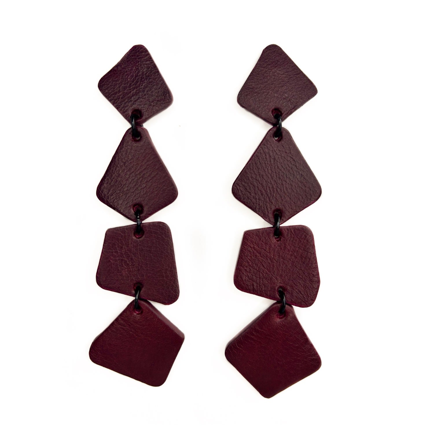 Geometric Cascade Leather Earrings Burgundy