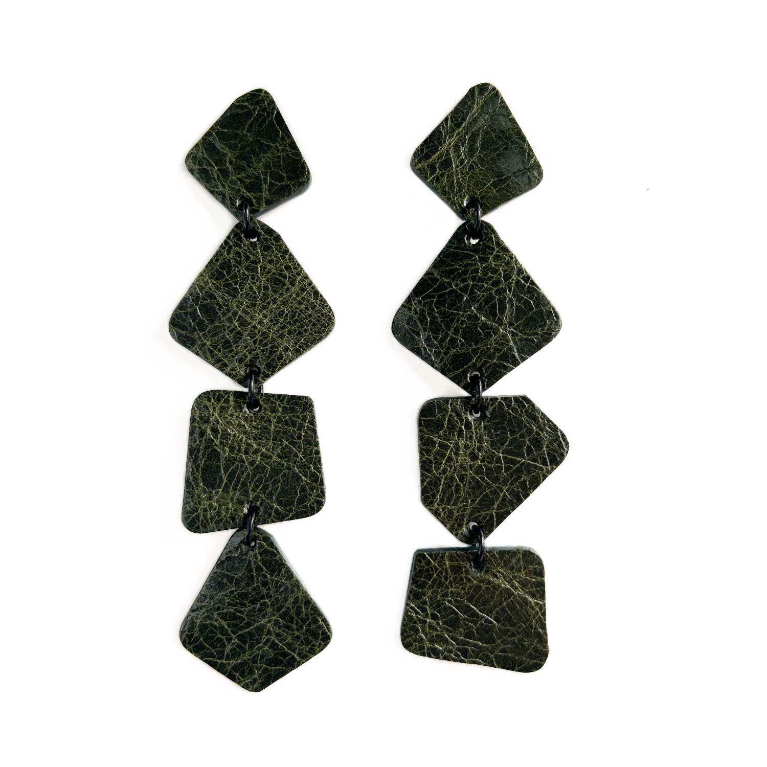 Geometric Cascade Leather Earrings Green