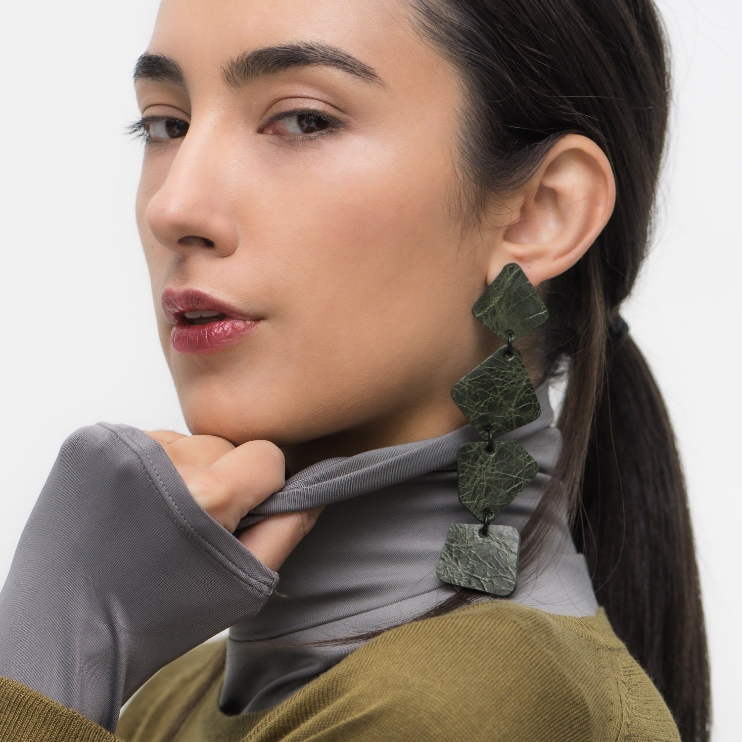 Geometric Cascade Leather Earrings Green