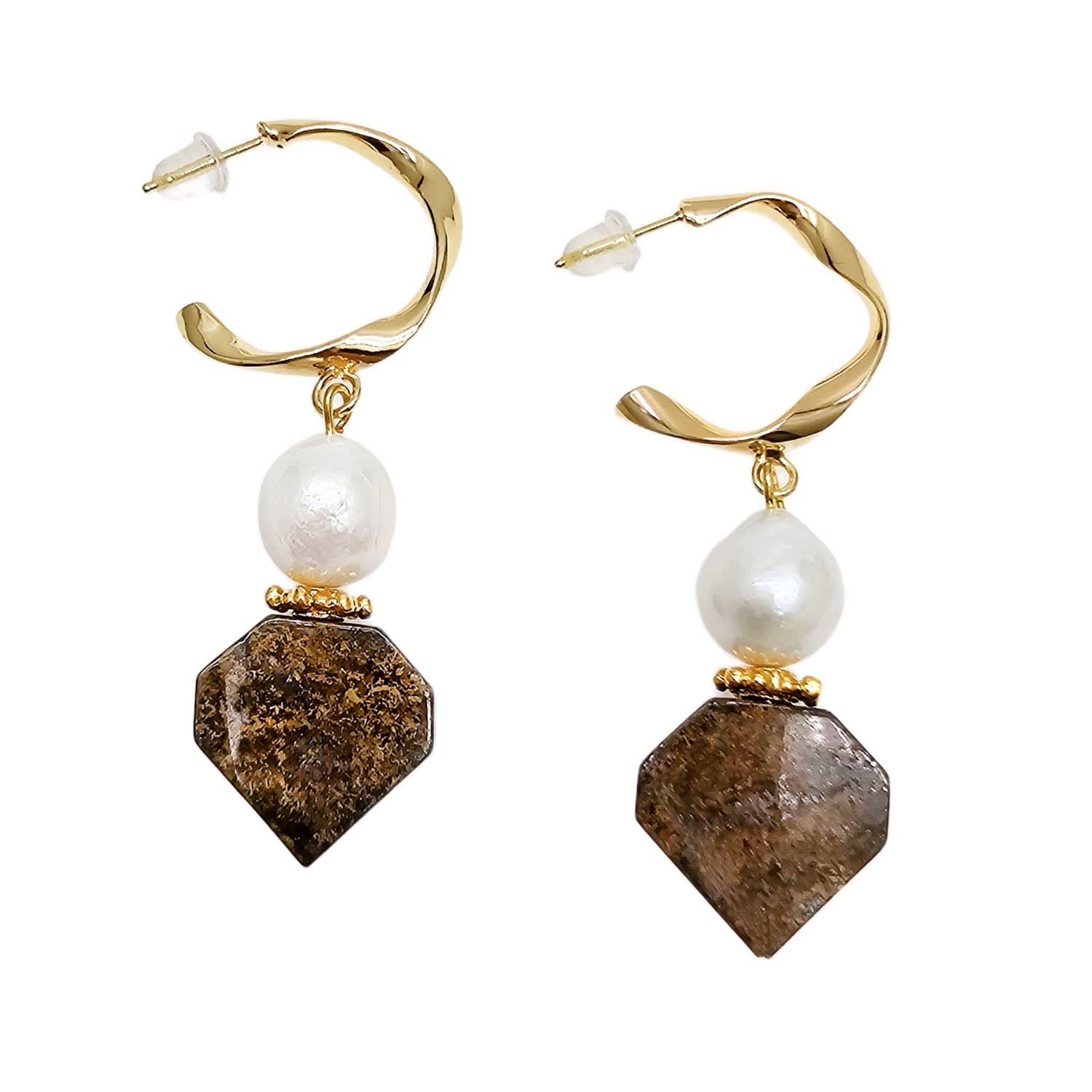 Geometric Tiger-Eye Stone With Freshwater Pearls Earrings