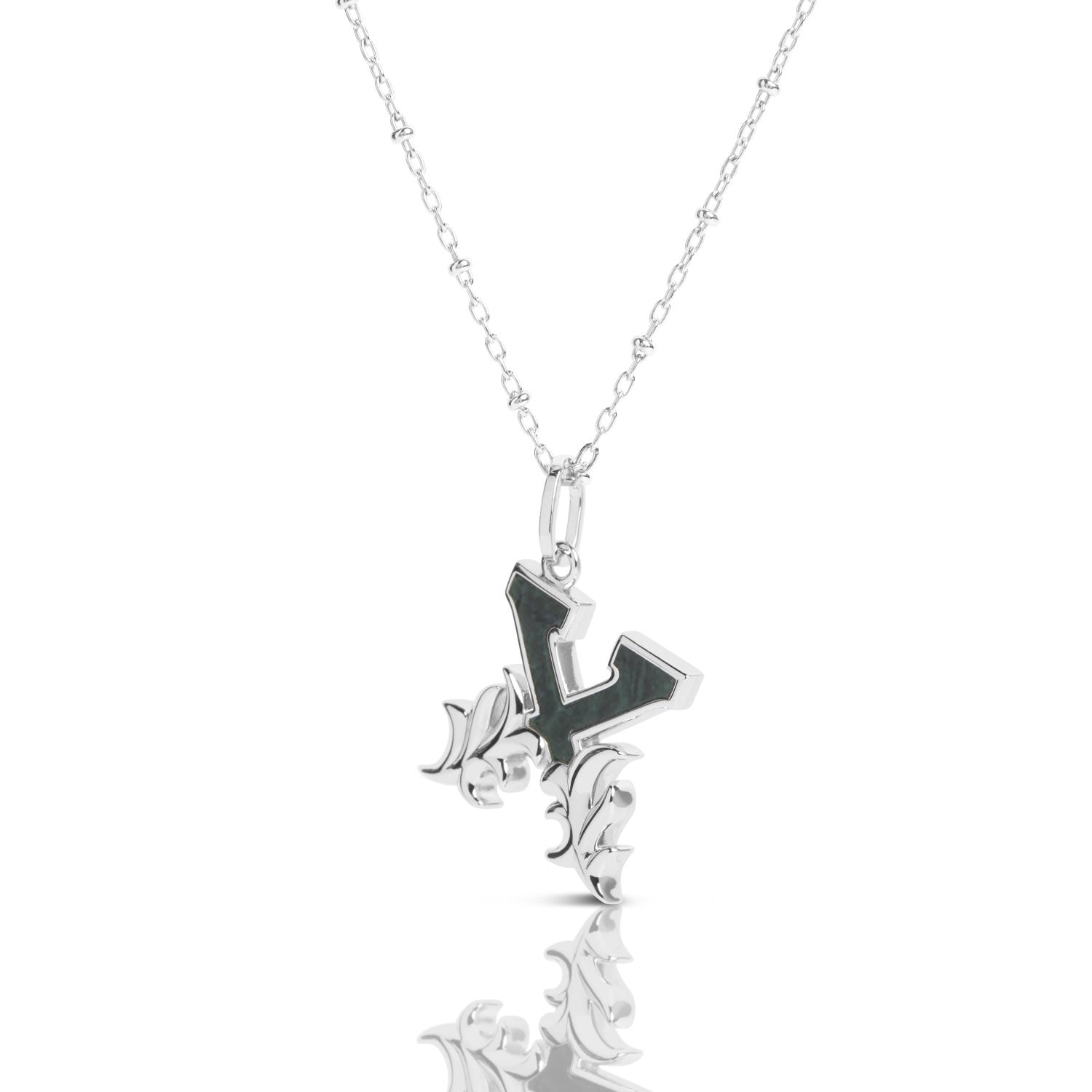 Solid Silver X Initial Necklace With Green Marble