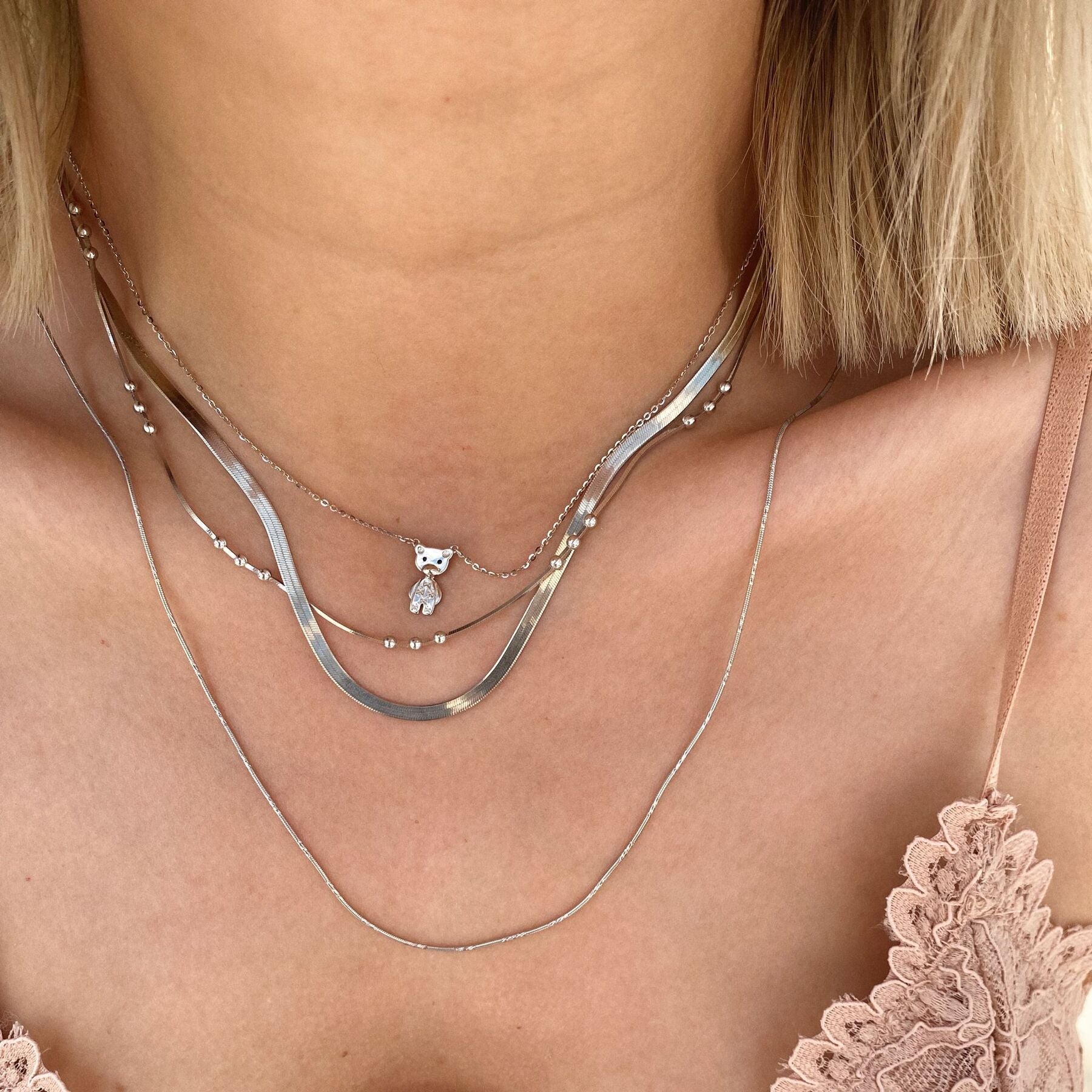 Three Bead Sterling Silver Chain Satellite Necklace - Silver