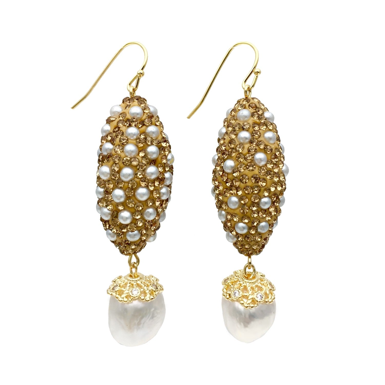 Rhinestones Bordered Freshwater Pearls Dangle Earrings