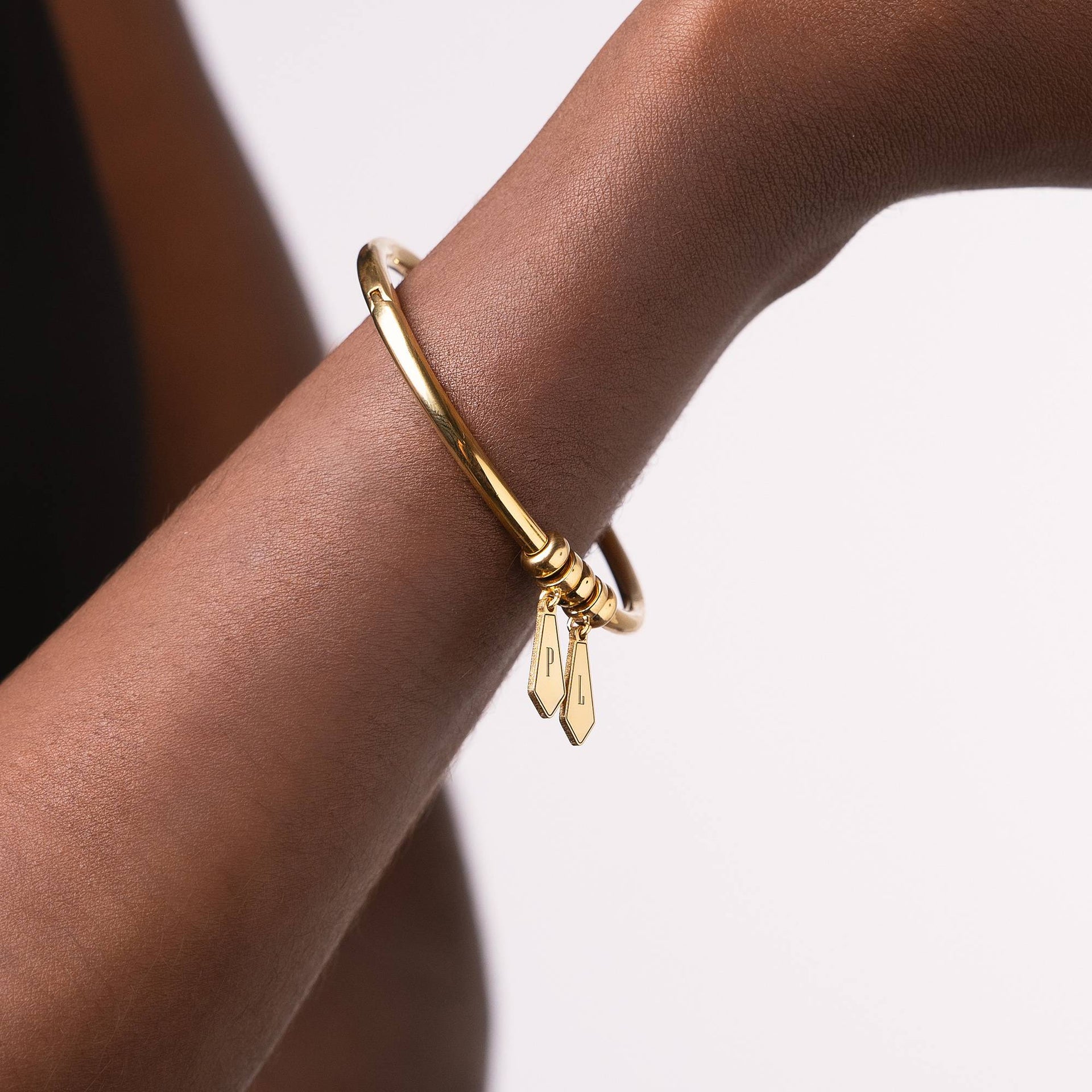 Gia Drop Initial Bangle Bracelet in 18K Gold Plating
