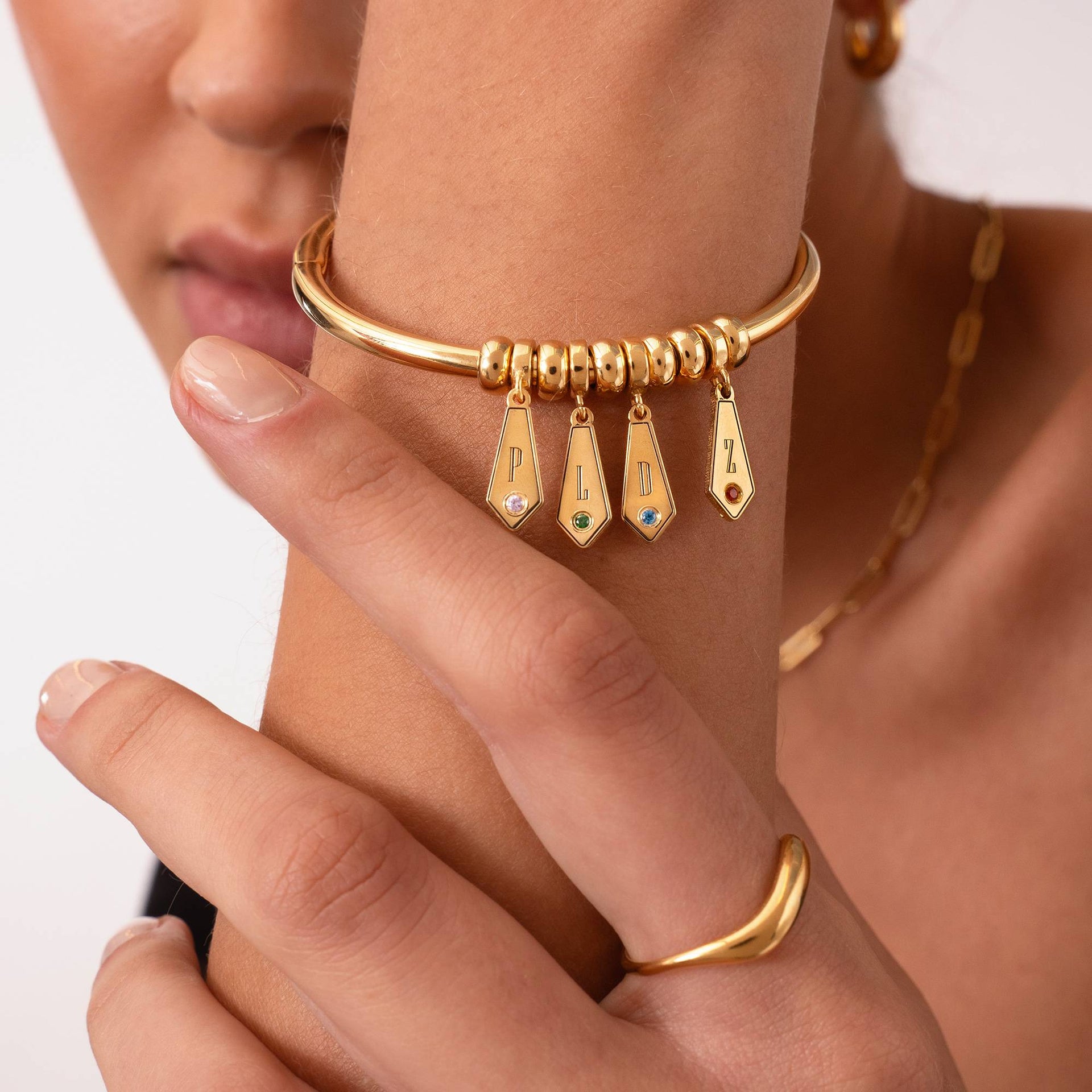 Gia Drop Initial Bangle Bracelet with Birthstones in 18K Gold Vermeil