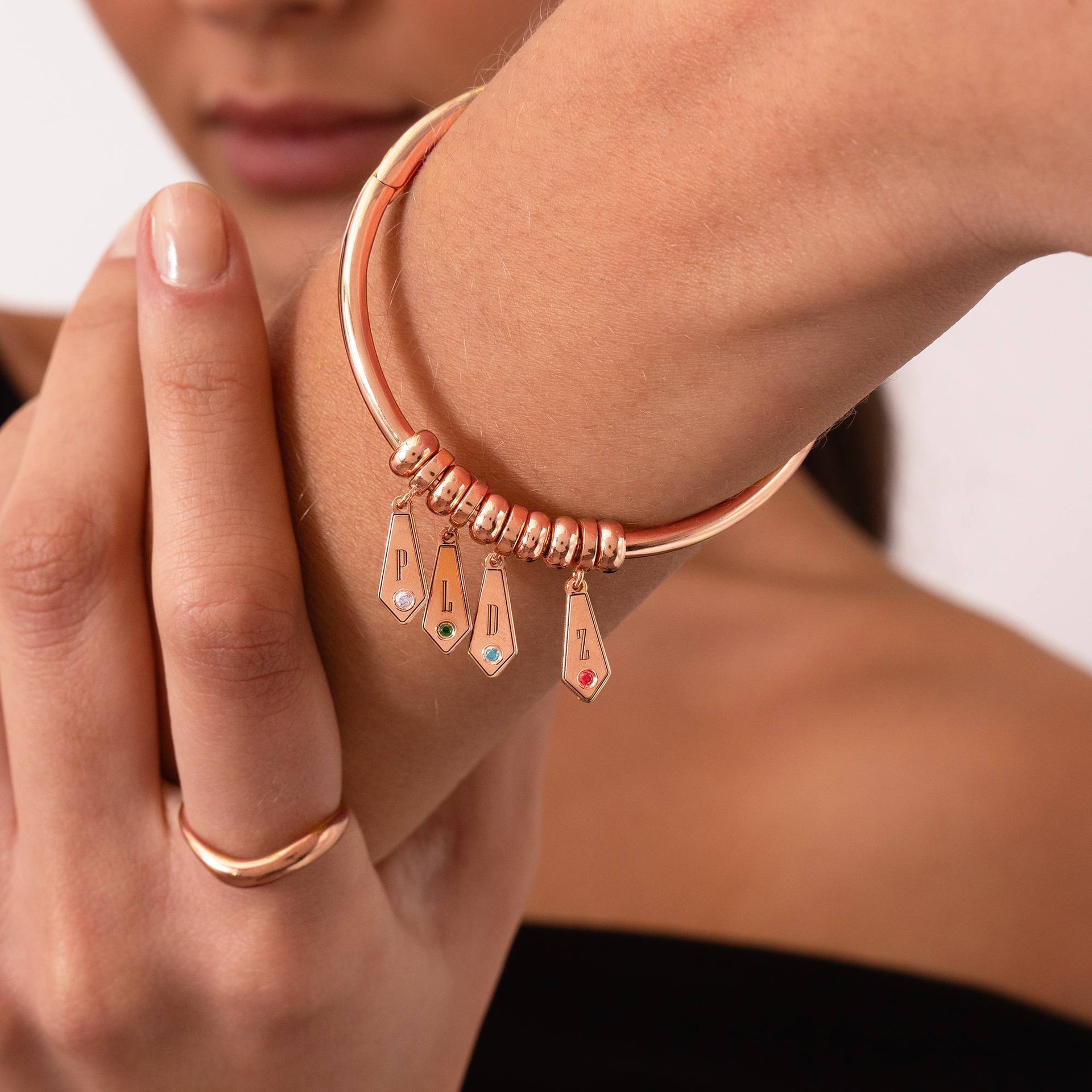 Gia Drop Initial Bangle Bracelet with Birthstones in 18K Rose Gold Plating